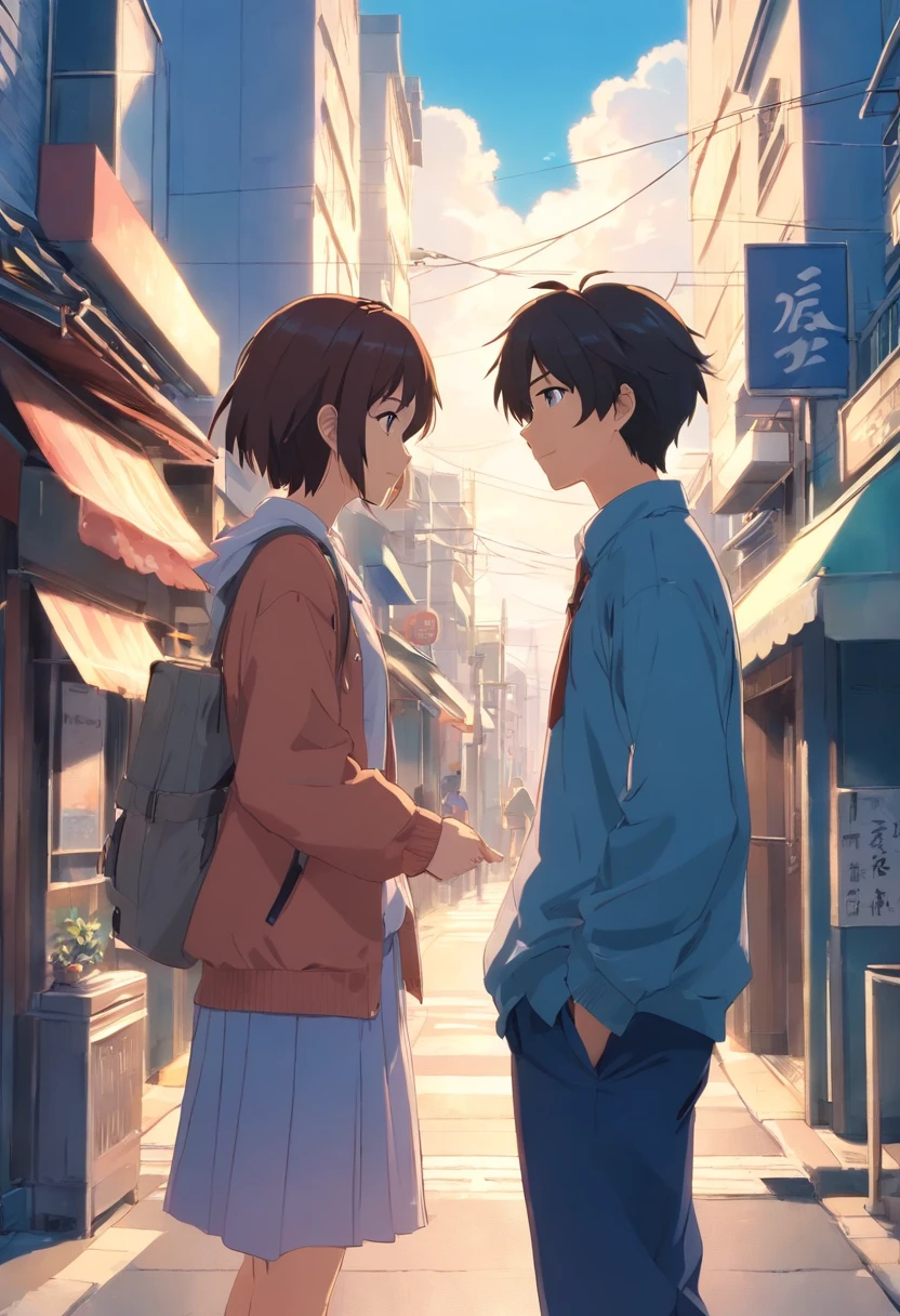 Couples who haven't seen each other in years meet on the street,The style is similar to Makoto Shinkai's《Your name》Memories flood into your head,His face was filled with emotions he hadn't seen in years。。。。。。。,Take the letter literally,Exquisite facial features,delicated face,with blue sky and white clouds,meet,Look across the street or up the stairs