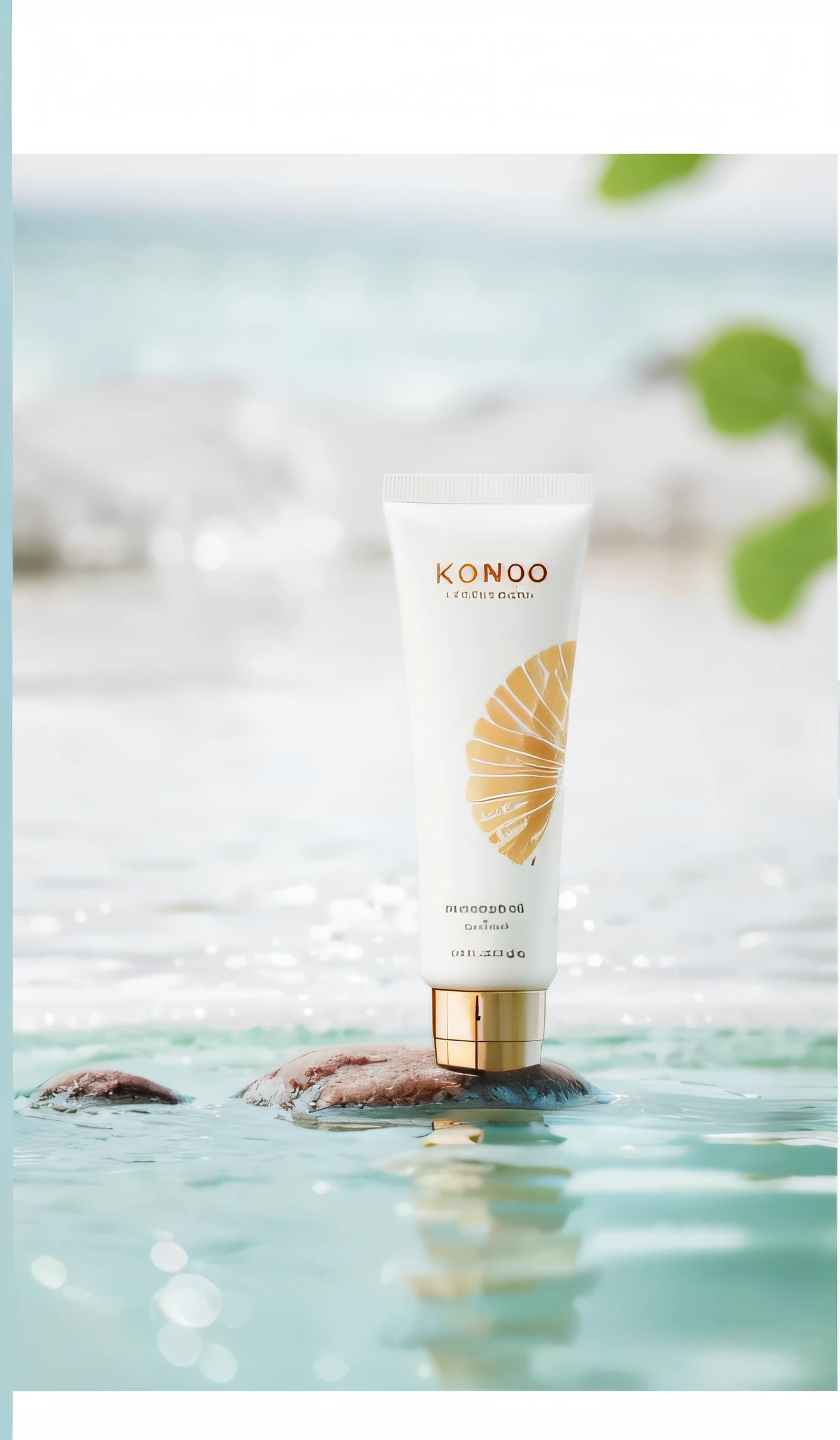 Close-up of a tube of cream sitting on a rock in the water, crisp smooth clean lines, detailled image, close up photograph, Clean face and body skin, Detailed picture, neo, Very detailed background, very sharp details, close - up shot, closeup - view, Close-up shot, Banner, Skincare, komono