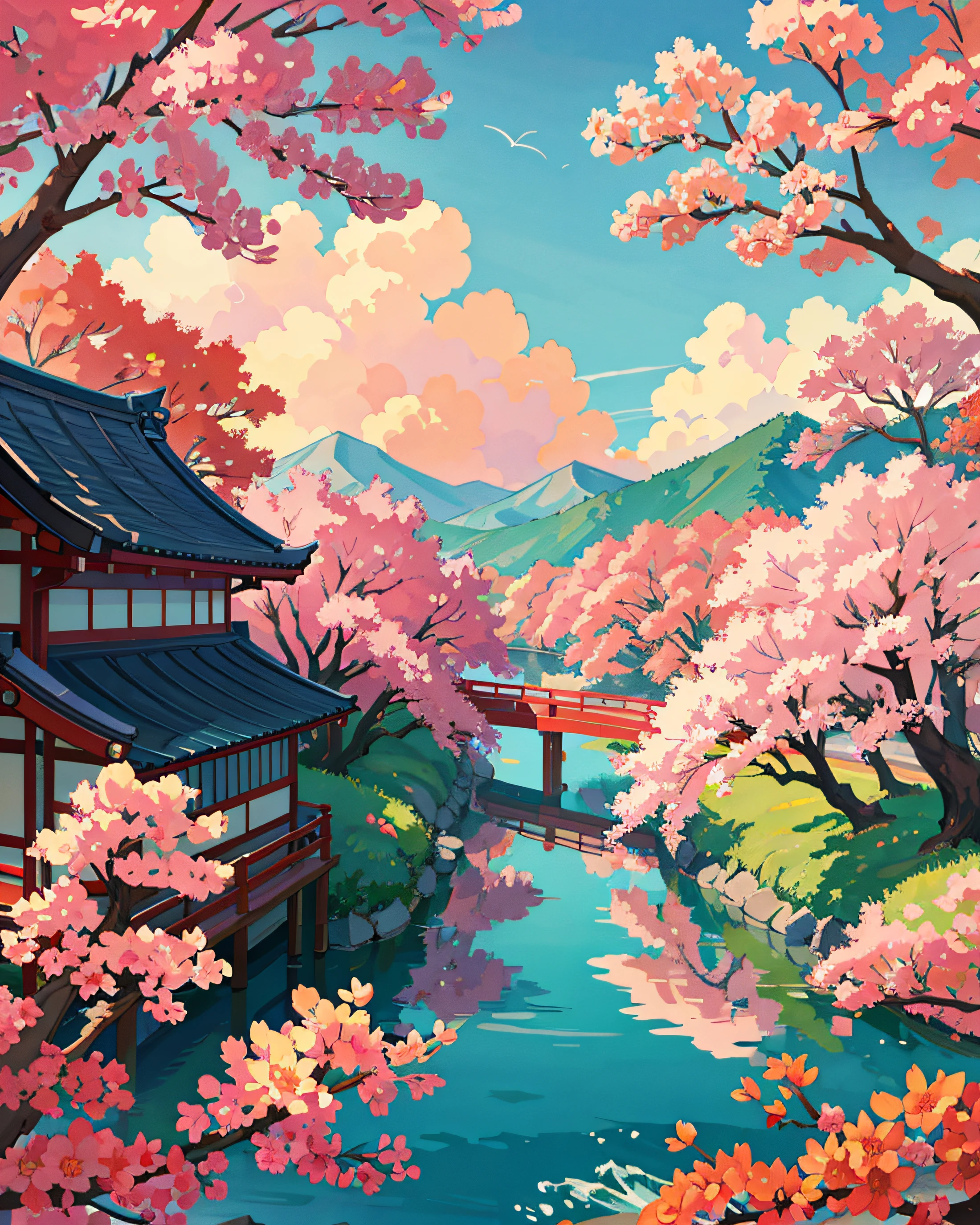 Masterpiece, view from the road, Japanese buildings, with sakura trees, red colors, Japanese vibes, in morning sunshine, profesional art, art concept, landscape, on a quiet morning , (wallpaper unified 8k), best view, HD quality, detailed, perfect view.