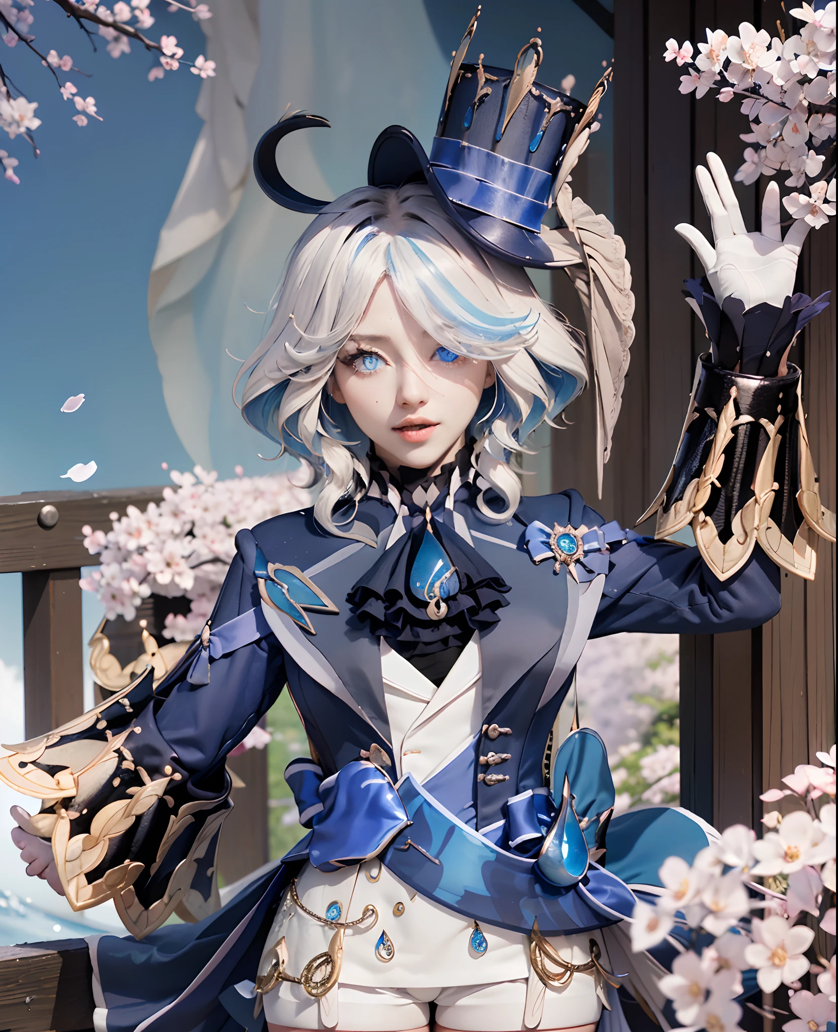 masutepiece, Best Quality, Ultra-detailed, glistening shiny, Glowing light, Ray tracing, nffsw, deph of field,Raw photo、realisitic、8K、 (Perfect face, Detailed face, Detailed eyes,Perfect hands),(medium boobs:1.2),8K,hard disk,An ultra - realstic face,Ray tracing,Perfect Lighting,Best Quality, Ultra-detailed, shiny eyes, (Looking at Viewer,Smile with open mouth:1.1), ((1girl in)), (maturefemale:1.4),Cowboy Shot,thighs thighs thighs thighs,POV,
Furina,Long hair,((Gradient Hair)),multicolored eyes, Gradient Eyes, (Glowing eyes:1.5), mascara, (fashion make up), Parted lips,blush,Shirt, gloves, Long sleeves, hat,Jewelry,Jacket, White shirt, flower,Shorts, Black Gloves,ascot, Thigh strap, Blue jacket, brooches, Pedras preciosas, blue headwear, blue flower, White shorts, hat flower, Blue Rose, Inclined hat, blue gemstone, Blue Ascot
((In the middle of the Japan countryside,Japan Bridge,Across the bridge,River,cherry trees,Cherry blossom petals,Dark blue sky,Sichuan carp)),(Complex background, Many elements of the background:1.2),((hyper detailed background)), Mistress pose, ((8K Wallpaper)),