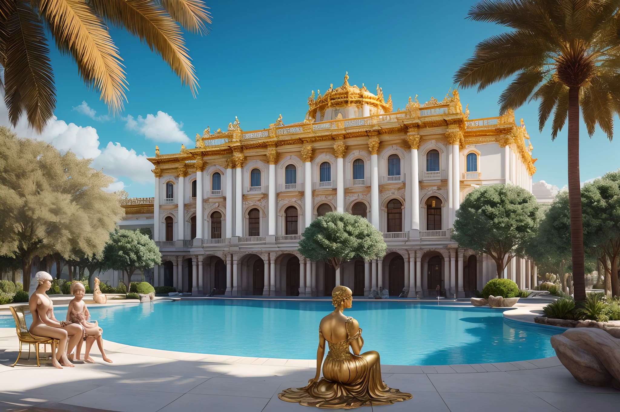 create a white palace with a very majestic gold prada.  Statues of gods and goddesses are everywhere.  There is a beautiful pool and fountain in front of the palace, everywhere there are palm trees and colorful flower trees.  photo realistic master piece, cinematic view.  In the afternoon and exotic lights.  The beautiful princess is sitting with a beautiful little girl.  auto.  s2