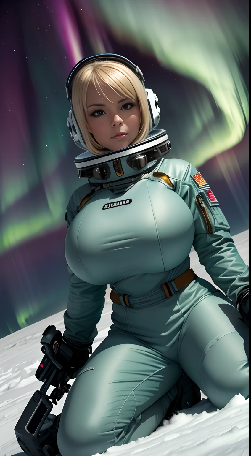 female bimbo astronauts wearing spacesuits under (Aurora) , fully clothed, sitting on snow field, The top half of the screen depicts only the Northern Lights, super wide angle, super wide shot, giga_busty