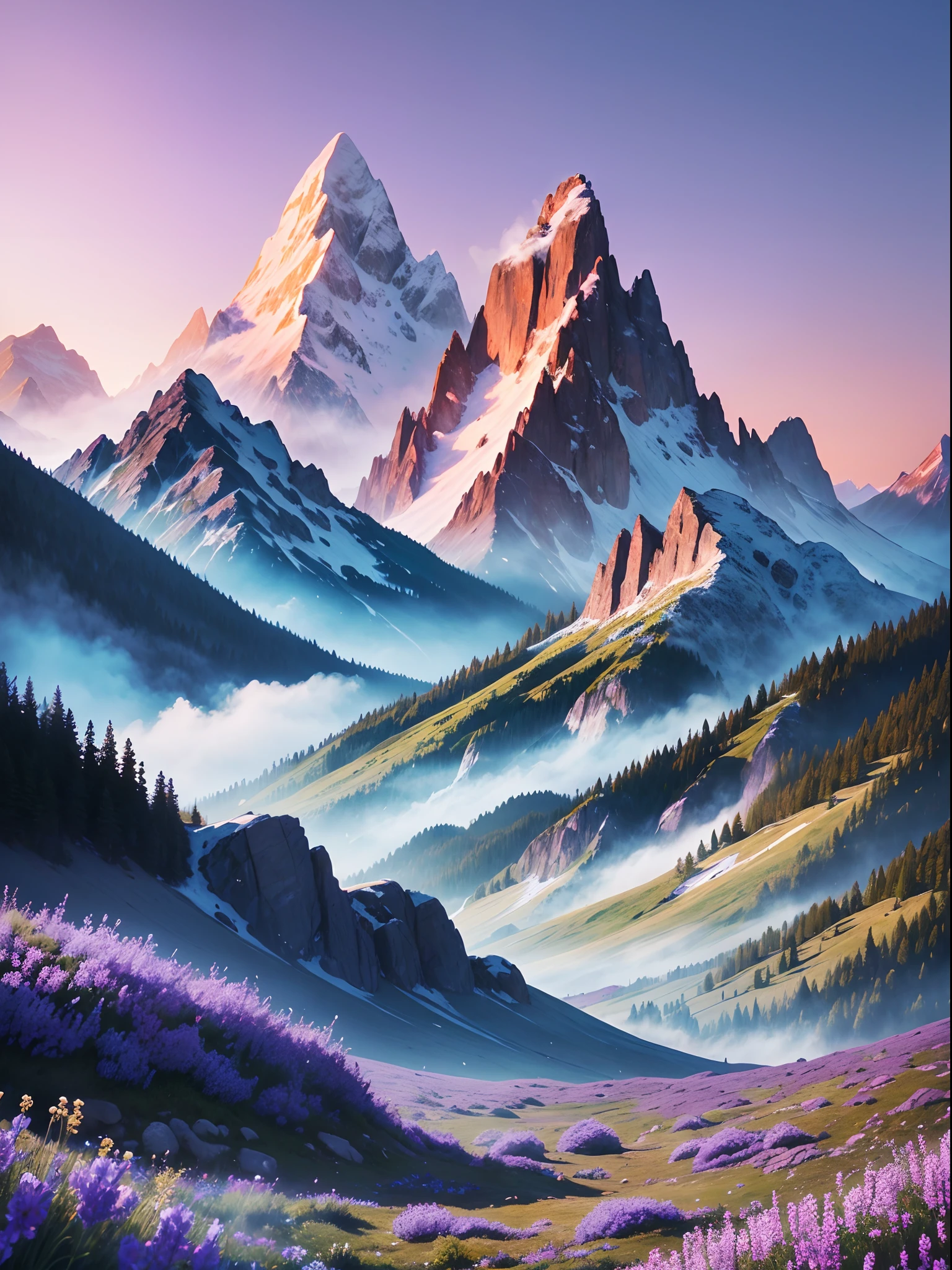 (Masterpiece), (beste-Qualit), (Mountain in the background), mist, (Blues and turquoises), (Flower meadow, purple flowers)