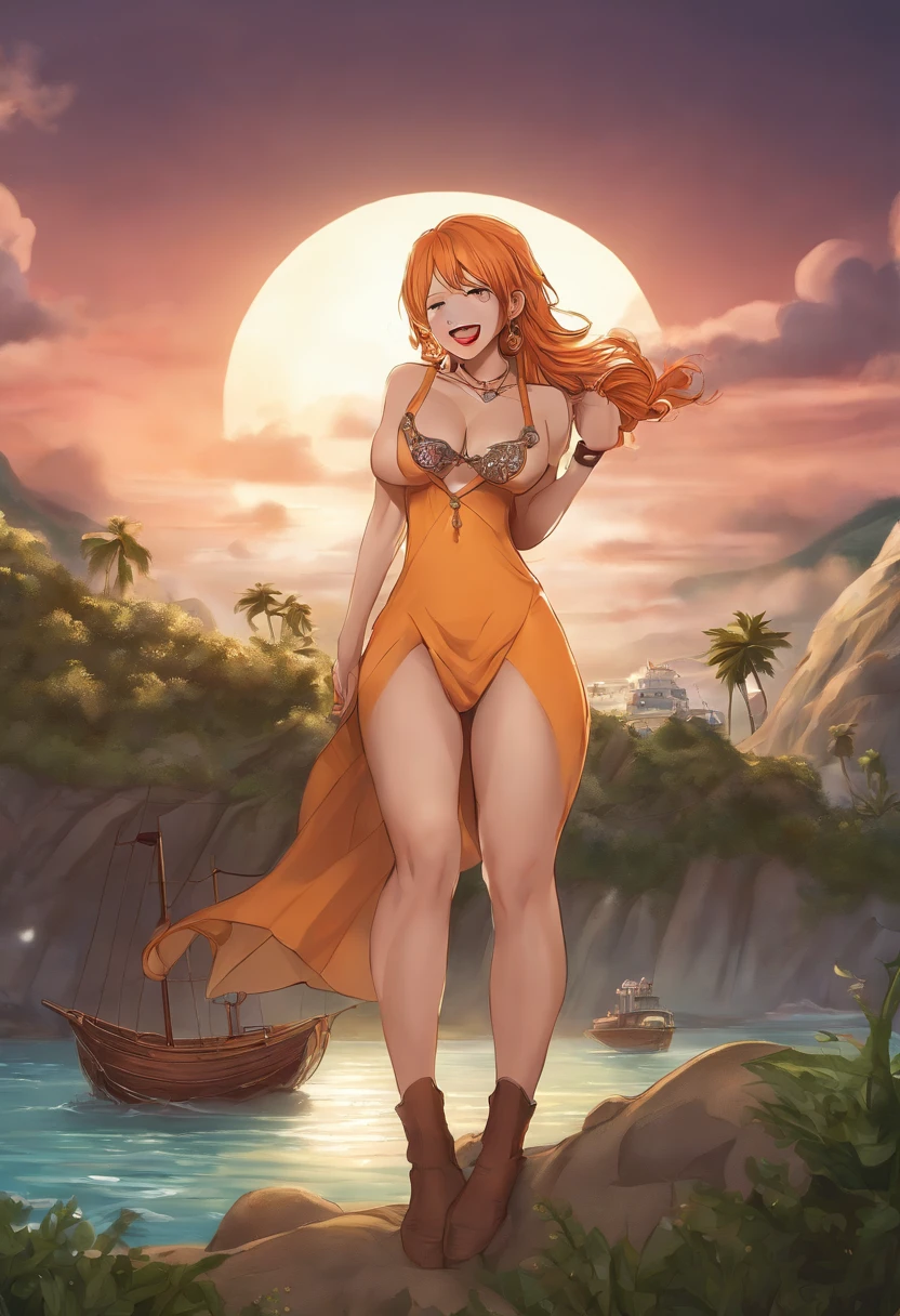 nami (one piece), Highly detailed RAW color Photo, Full Body, (wearing panties, sexy long dress, high boots), crouching, (NIGHT TIME), (looking up at island), mind break, ass up, wetting on herself, full body, violent squirt on herself, squirting pussy drip juice, thick thighs, open mouth, tongue out, long tongue, eyes rolling back