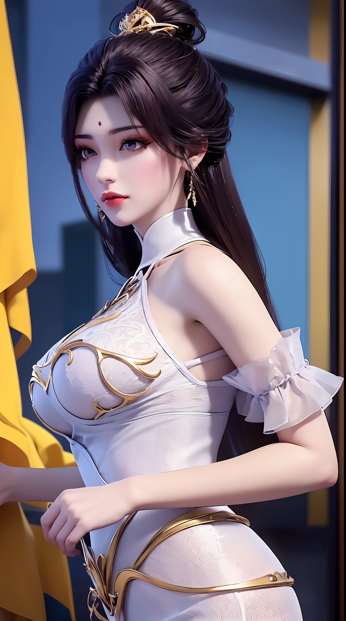 1 sexy beautiful girl wearing a sexy white lace off-the-shoulder red season long dress, thin dress with many eye-catching patterns decorated with 24k gold, ((sexy slim skirt: 0.8)), golden iridescent aura, bust out, show off her round bust, deep slit shirt, long black purple hair, the most beautiful and detailed hair jewelry, beautiful little face thin eyebrows, the most beautiful and spotless face, ((Yellow iris:0.8)), the very beautiful eyes, big round eyes, purple eyes, fine and detailed makeup eyelashes, high nose, wearing earrings, small red lips, rosy face, clean face, beautiful face without blemish, smooth white skin, ((big breasts: 0.9)), Blums boobs, ((big and super round breasts:0.9)), ((super tight breasts:1.2)), ((breast augmentation: 0.8)), beautiful breasts, fit body, ((thin waist: 0.9)), upper body of a beautiful girl, Hot and sexy petite body, sexy girl, hands hanging down, 8k photo, super high quality, super realistic, 10x super pixels, photo realistic, dark studio, border light, two tone light, (detailed skin high: 1.2), 8k uhd, dslr, soft light, high quality, volumetric light, candid, Photo, high resolution, light, best photo, 4k quality, 8k, Bokeh, Smooth and sharp, pixel up 10 times, ((thunder effect: 2.0)), (galaxy: 1.7), aurora, lightning, super graphics, the most realistic graphics,(Aurora Background: 1.8), alone, solo, portrait 9:16,