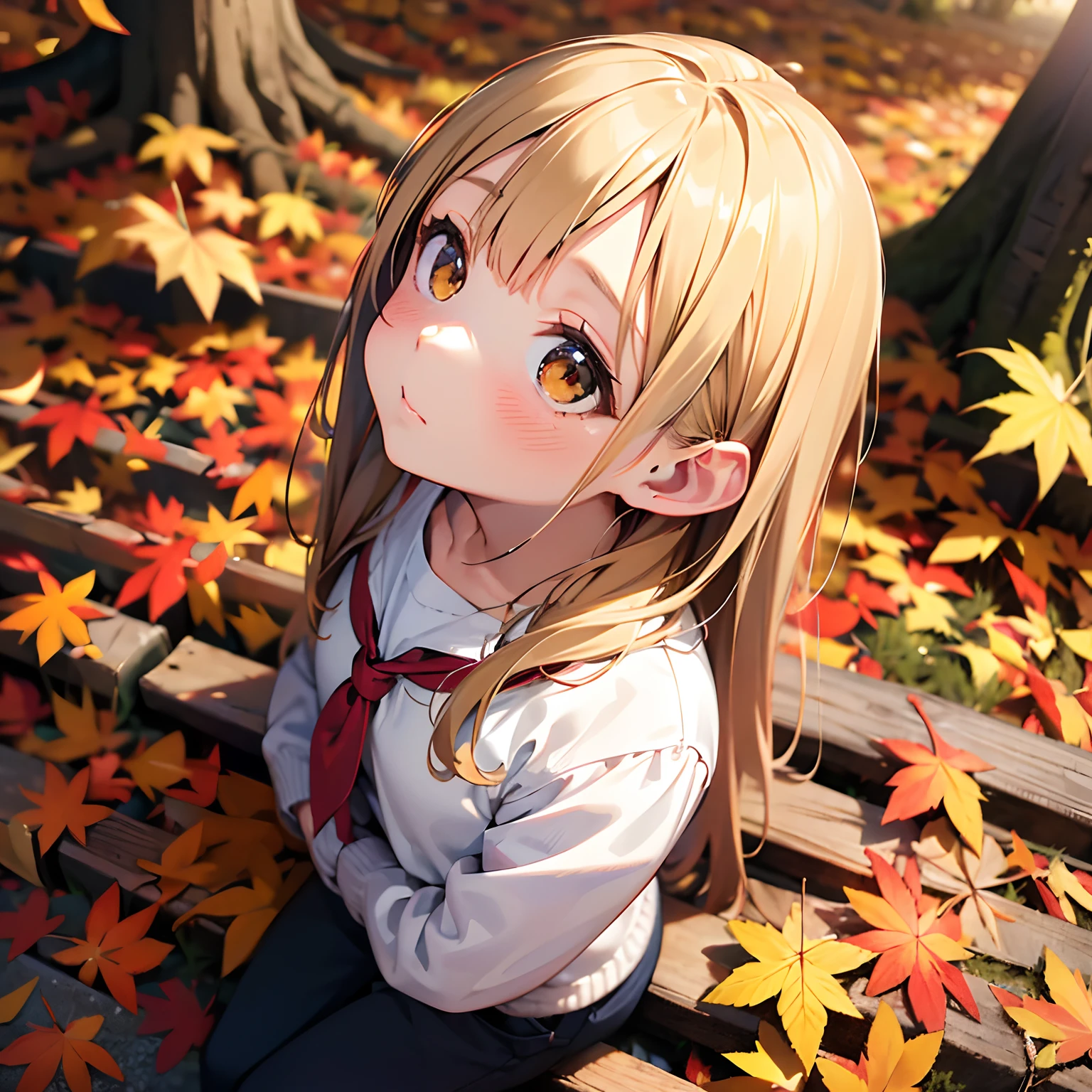 (in 8K, Raw photo, Best Quality, masutepiece:1.2), (Realistic, Photorealsitic:1.37), Best Quality, 超A high resolution,kawaii,Cute,1girl,Natural lighting,autumnal,Colored leaves,mont,Heap of fallen leaves,(Girl Looking Up:1.5),(Viewpoint from above),Depth of subject,cardigan,shortpants,Middle hair,Straight hair,full bodyesbian,Focus on the face