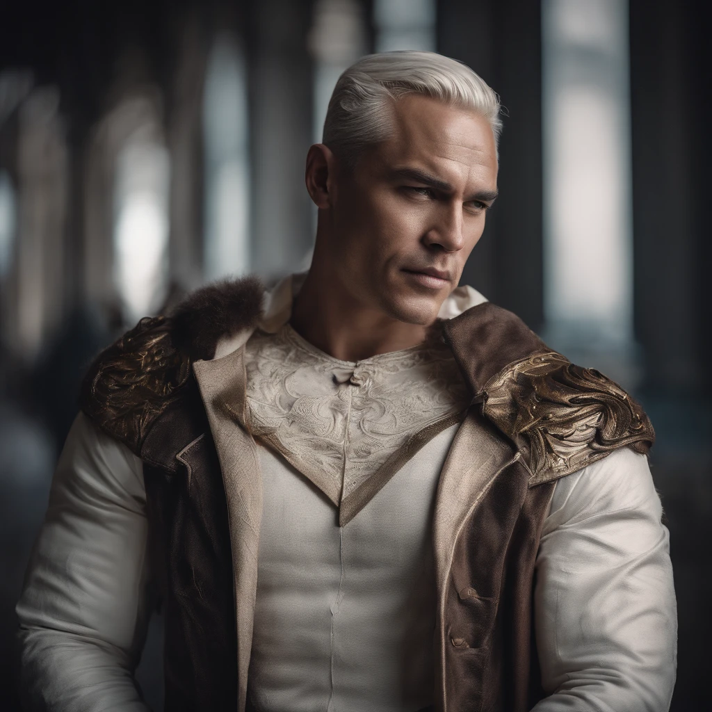 Muscular man, Alone, White windbreaker, long white pants, White hair, Black hair, A Japanese-looking man, Dragon horns, Violet military boots, Evil smile, Dark brown eyes, fantasy scenery, Walk through the dark flames.