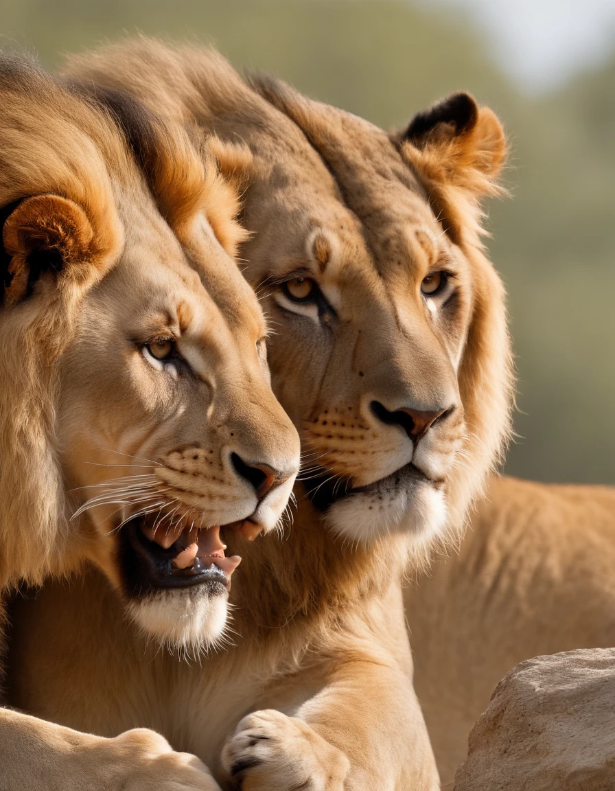 (La mejor calidad,4k,8k,Altas Resoluciones,Obra maestra:1.2), Ultra detallado, (realista,fotorrealista,fotorrealista:1.37), A majestic lion and a ferocious tiger face off in a showdown, Ojos detallados de ambos animales, mirada intensa, Cuerpos fuertes y musculosos, pelaje brillante, Expresiones feroces, Postura poderosa, An epic battle between the king of the jungle and a ferocious predator, colores vibrantes, Dramatic lighting, Los leones y tigres representan la fuerza y el poder en la naturaleza, Una escena sobrecogedora, Tension and anticipation in the air, Un gran enfrentamiento entre dos majestuosas criaturas.