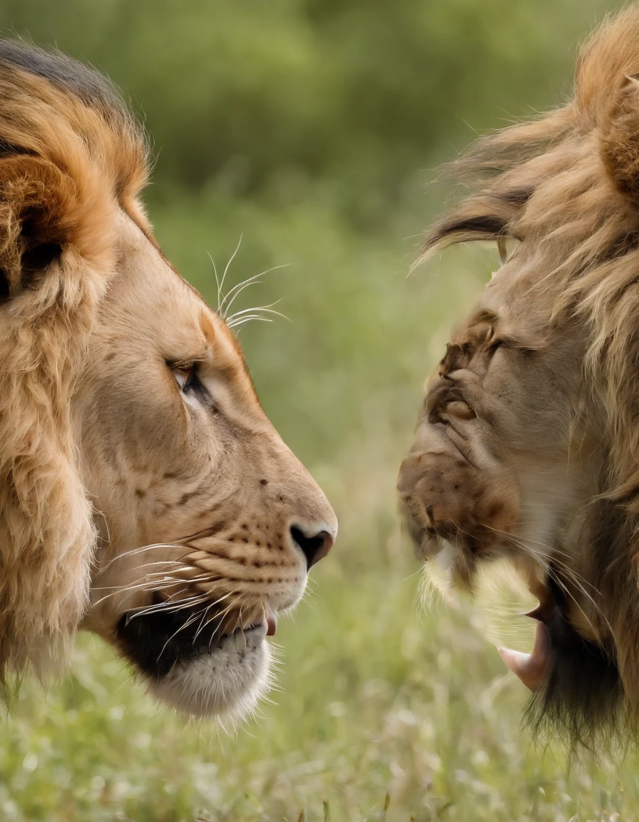 (La mejor calidad,4k,8k,Altas Resoluciones,obra maestra:1.2), ultra detallado, (realista,fotorrealista,fotorrealista:1.37), A majestic lion and a ferocious tiger face off in a showdown, Ojos detallados de ambos animales, mirada intensa, Cuerpos fuertes y musculosos, Pelaje brillante, Expresiones feroces, Postura poderosa, An epic battle between the king of the jungle and a ferocious predator, colores vibrantes, Dramatic lighting, Los leones y tigres representan la fuerza y el poder en la naturaleza, Una escena sobrecogedora, Tension and anticipation in the air, Un gran enfrentamiento entre dos majestuosas criaturas.