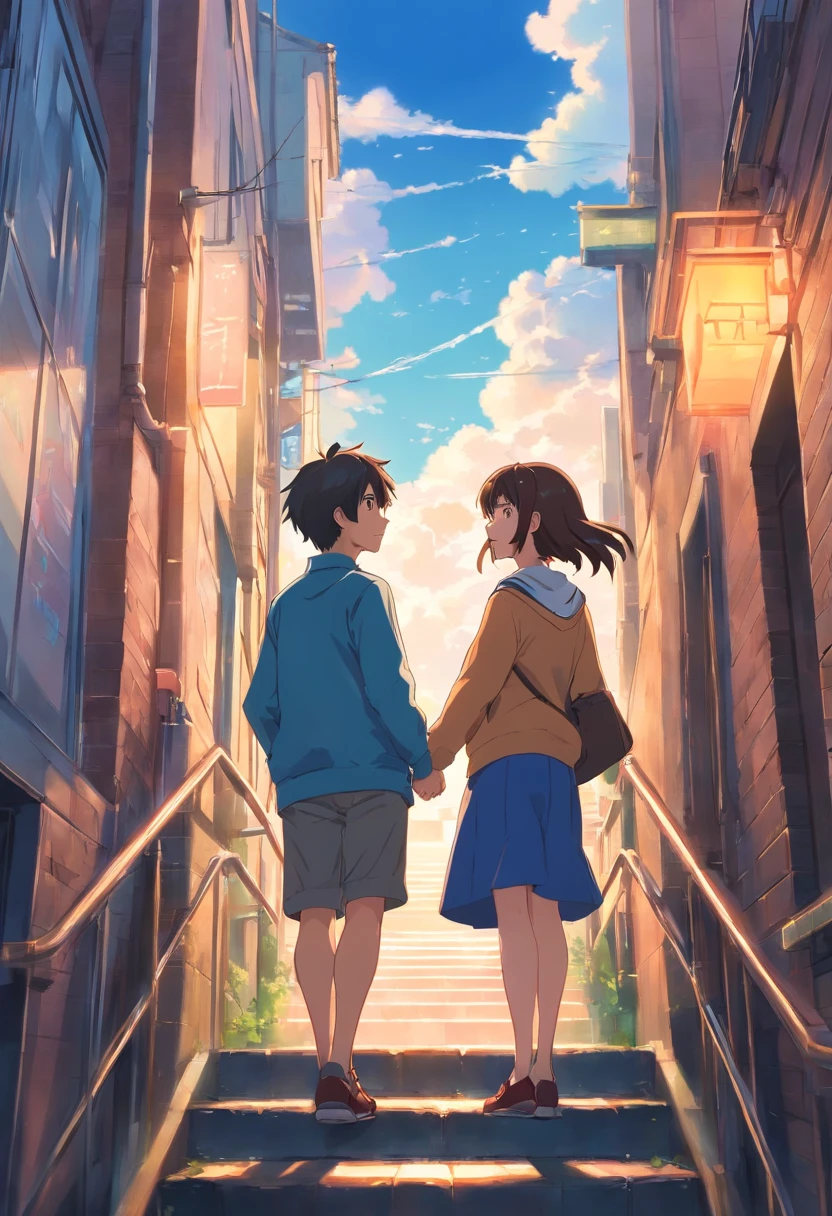 Couples who haven't seen each other in years meet on the street，The style is similar to Makoto Shinkai's《Your name》Memories flood into your head，His face was filled with emotions he hadn't seen in years。。。。。。。，Take the letter literally，Exquisite facial features，delicated face，with blue sky and white clouds，meet，The two looked at each other up and down the long staircase