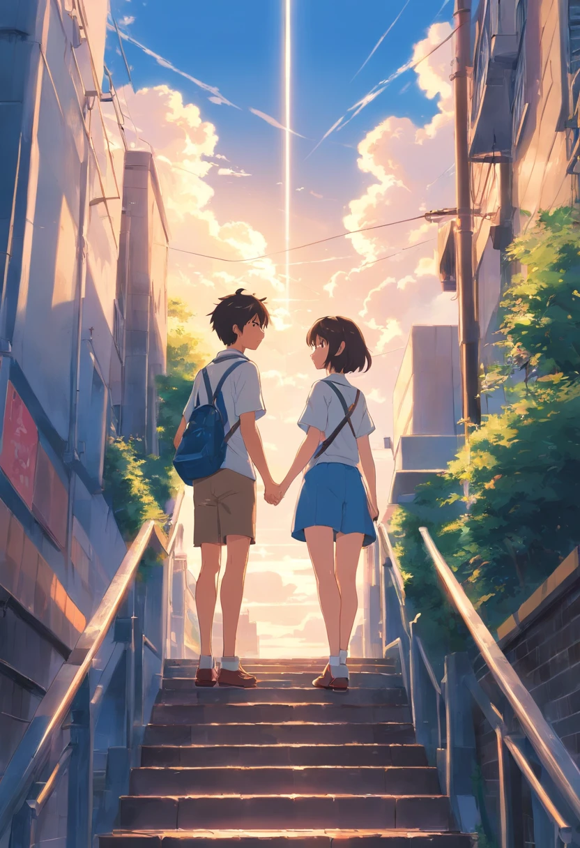 Couples who haven't seen each other in years meet on the street，The style is similar to Makoto Shinkai's《Your name》Memories flood into your head，His face was filled with emotions he hadn't seen in years。。。。。。。，Take the letter literally，Exquisite facial features，delicated face，with blue sky and white clouds，meet，The two looked at each other up and down the long staircase