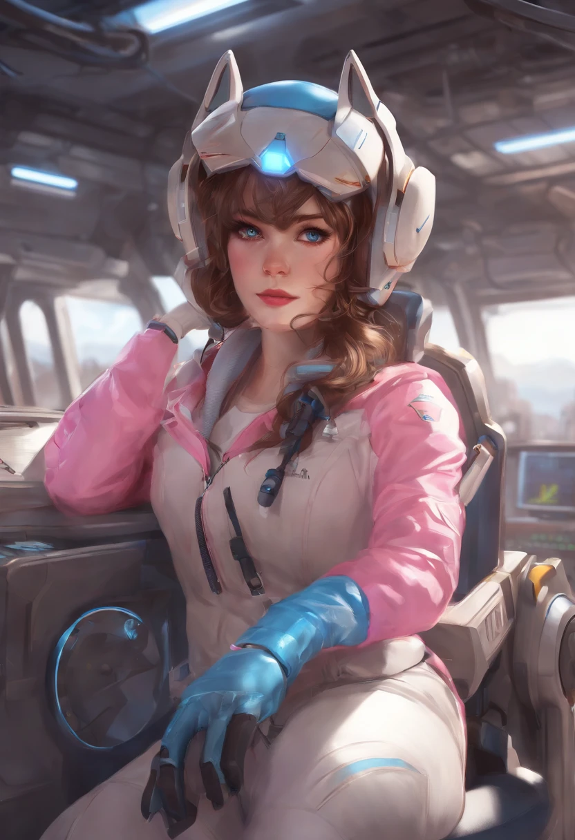Masterpiece, Best Quality, High Resolution, 1girl, Super High Resolution, Solo, Mech Pilot, D.VA, Headphones, Pink Eyes, Blue Tights, Brown Hair, White Gloves, Cat Face Adornament,