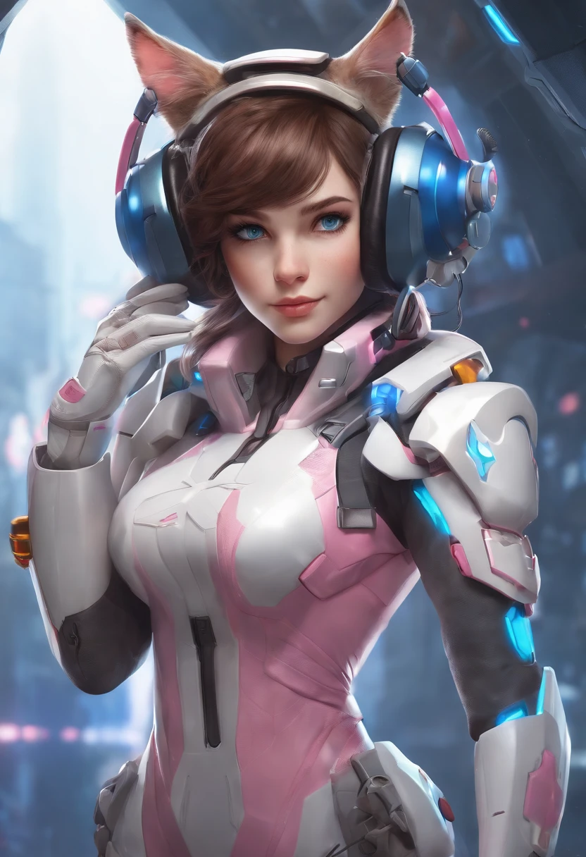 Masterpiece, Best Quality, High Resolution, 1girl, Super High Resolution, Solo, Mech Pilot, D.VA, Headphones, Pink Eyes, Blue Tights, Brown Hair, White Gloves, Cat Face Adornament,
