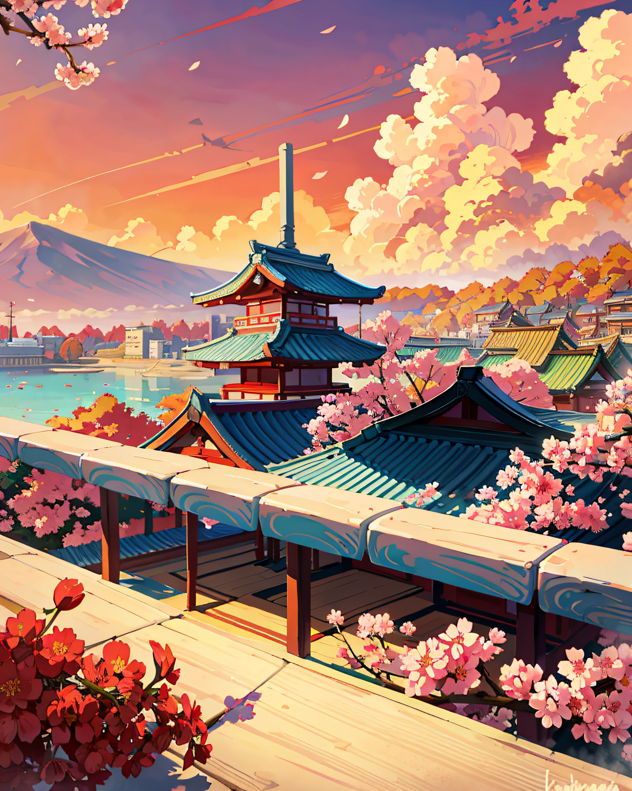 Sakura flowers in the ground, red colors, Japanese buildings, in morning sunshine, sky full clouds, atmosphere, (wallpaper unified 8k), best view, HD quality, detailed, portrait view.