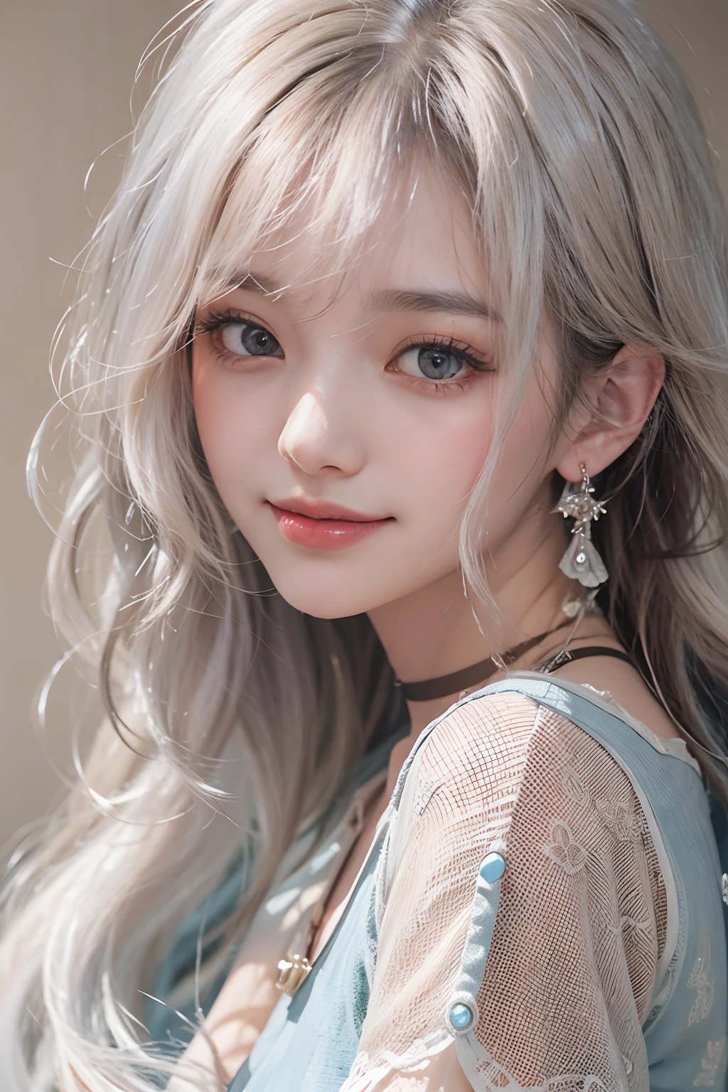(from behind), ((upper Shot))、 (Photoreal Stick:1.2)、8K UHD、hight resolution、(1 girl)、in her 20s、(white  hair), (Medium Hair)、(Pattsun bangs)、((The best smile))、(High quality shadows)、Detail Beautiful delicate face、Detail Beautiful delicate eyes、Pretty Kpop Girl、(Korean Urzan Face)、(ulzzang -6500-v1.1:0.6)、pureerosface_v1、gloweyes、perfectbody、 Incredible dynamic range photography(UTIL_Art by Smoose-768:1.1),(wetting hair)、(wetted skin)、 teak、Bright red lipstick、Glossy lips、(a choker)、((Brown eyes))、((Beautiful Finger))、 Shiny hair、Description beautiful delicate hair、(Lustrous skin)、(inside in room)、(tshirts)、denim pant、Girl looking up at blue sky、