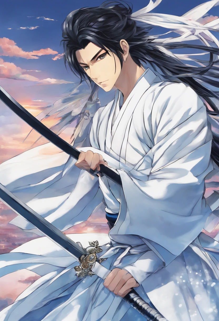 Anime Picture Gekkadan, Kusanagi, Black Hair, White Mesh, Sword Bearer, Man Long Ponytail, Samurai, Wind, Blue Yokata, Handsome Hair Is One Part, White Dress, Holding a Sword, Black Eye Patch Over His Left Eye