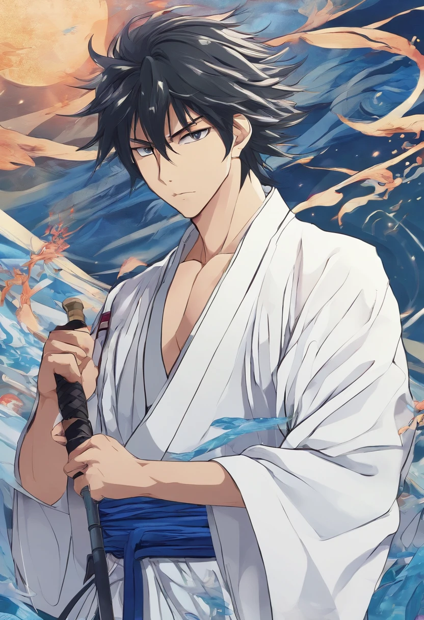 Anime Picture Gekkadan, Kusanagi, Black Hair, White Mesh, Sword Bearer, Man Long Ponytail, Samurai, Wind, Blue Yokata, Handsome Hair Is One Part, White Dress, Holding a Sword, Black Eye Patch Over His Left Eye