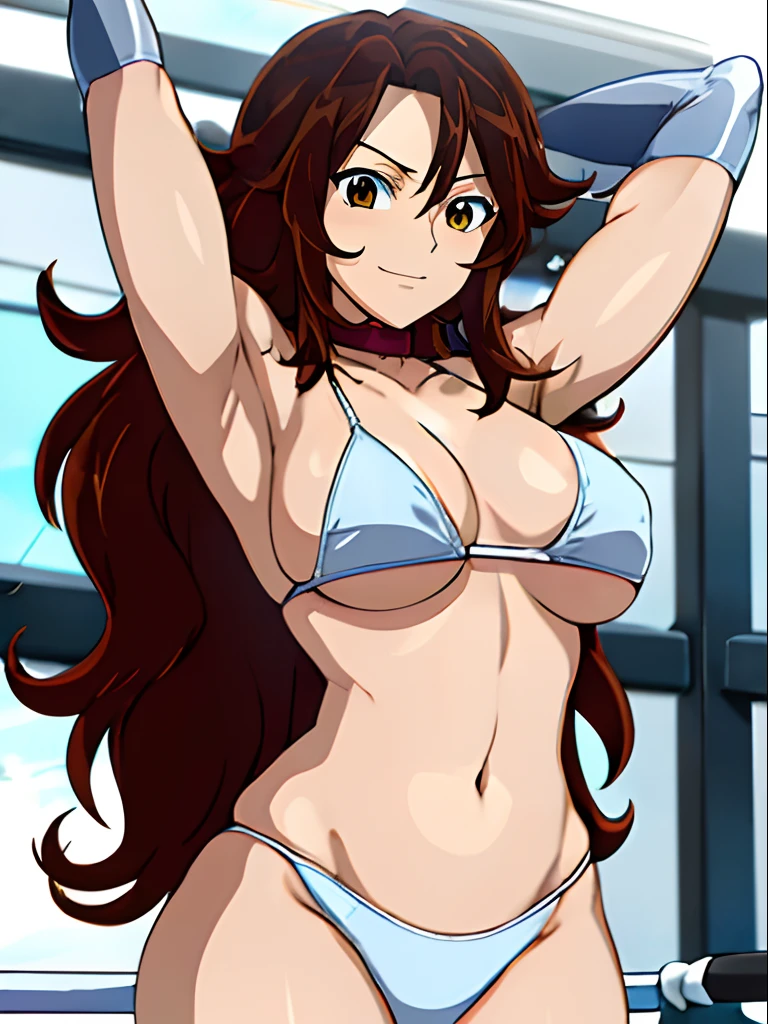 hug, Elegant lady, (upper body only), anime style: 1.8, anime drawing, ultra detailed face, ultra detailed body, 4k, Sumergai Lee Noriega, (standing), best quality, anime style, hires, highest definition, digital blending, bold drawing lines, ((wwe diva), (location: wrestling arena, crowds watching), ( slim body, (little biceps), , off-shoulders, closed fists, (curvy: 2.8)), ((white bikini, only, white gloves, collar, armpit protector)), victorious, winner, gentle, (pale skin, shiny skin, very big breasts, smile), (big eyes, brown eyes), (clapping), (brown hair, loose hair, curly hair, wavy hair, long hair, missy hair), 27 years old,
