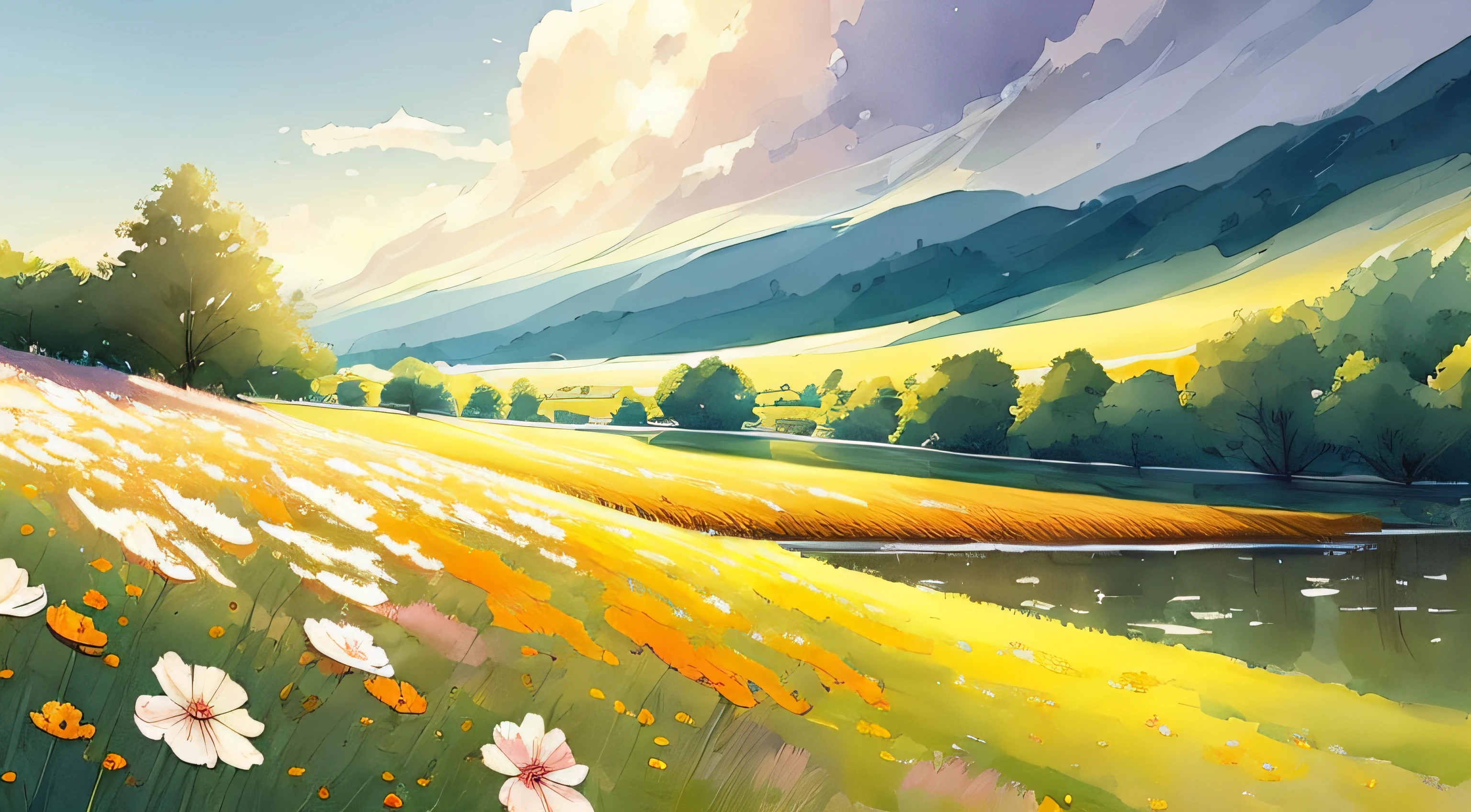 painting of a field of cosmos flowers watercolor digital painting, beautiful art uhd 4 k, light watercolour painting, by Eugeniusz Zak, digital watercolor painting, by Yang J, by Kim Eung-hwan, summer meadow, by Leng Mei, rhads watercolor, light watercolour, beautiful artwork, digital watercolor, beautiful art