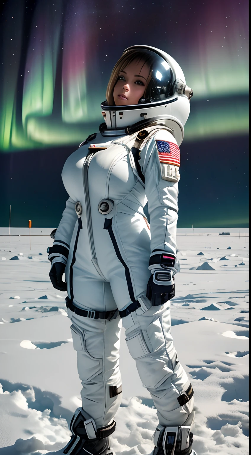 The top half of the screen is Aurora in the top half of the screen. The bottom half draws a female bimbo astronaut standing on snow field. giga_busty