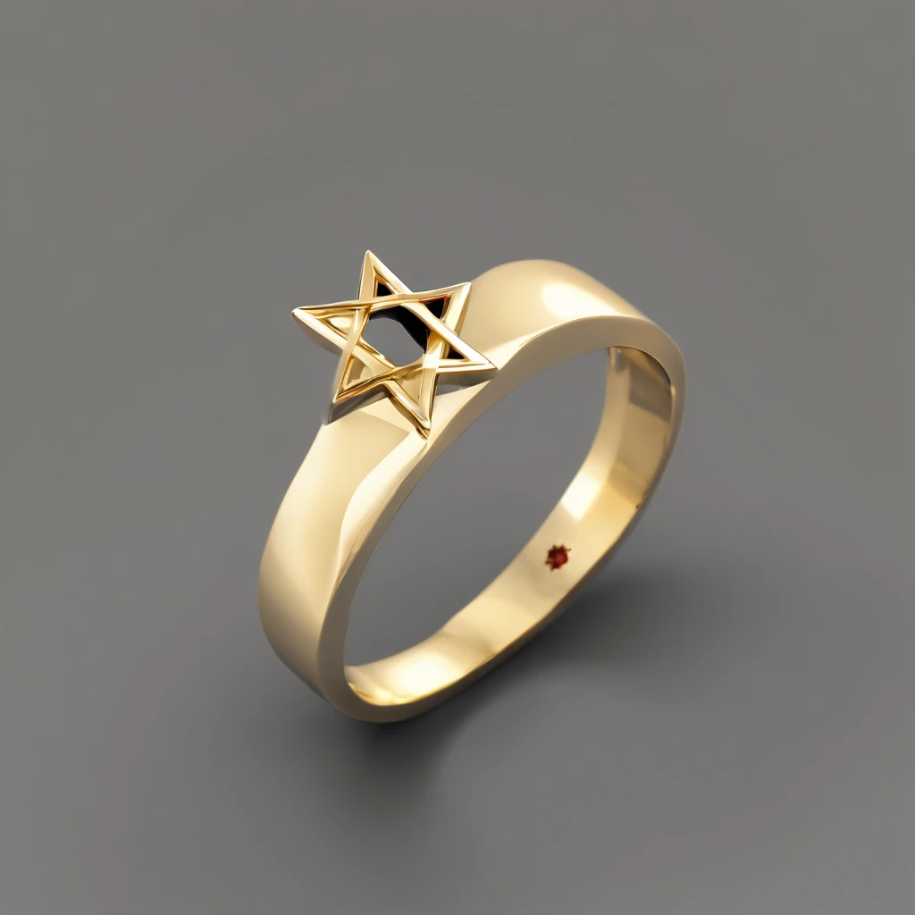 Yellow gold ring，Pentagram pattern，It shines with a noble golden light，The golden-red tone is filled with dark-style graphics，simple backgound， with black background，Simple details