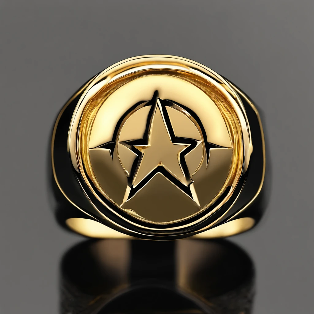 Yellow gold ring，Pentagram pattern，It shines with a noble golden light，The golden-red tone is filled with dark-style graphics，simple backgound， with black background，Simple details