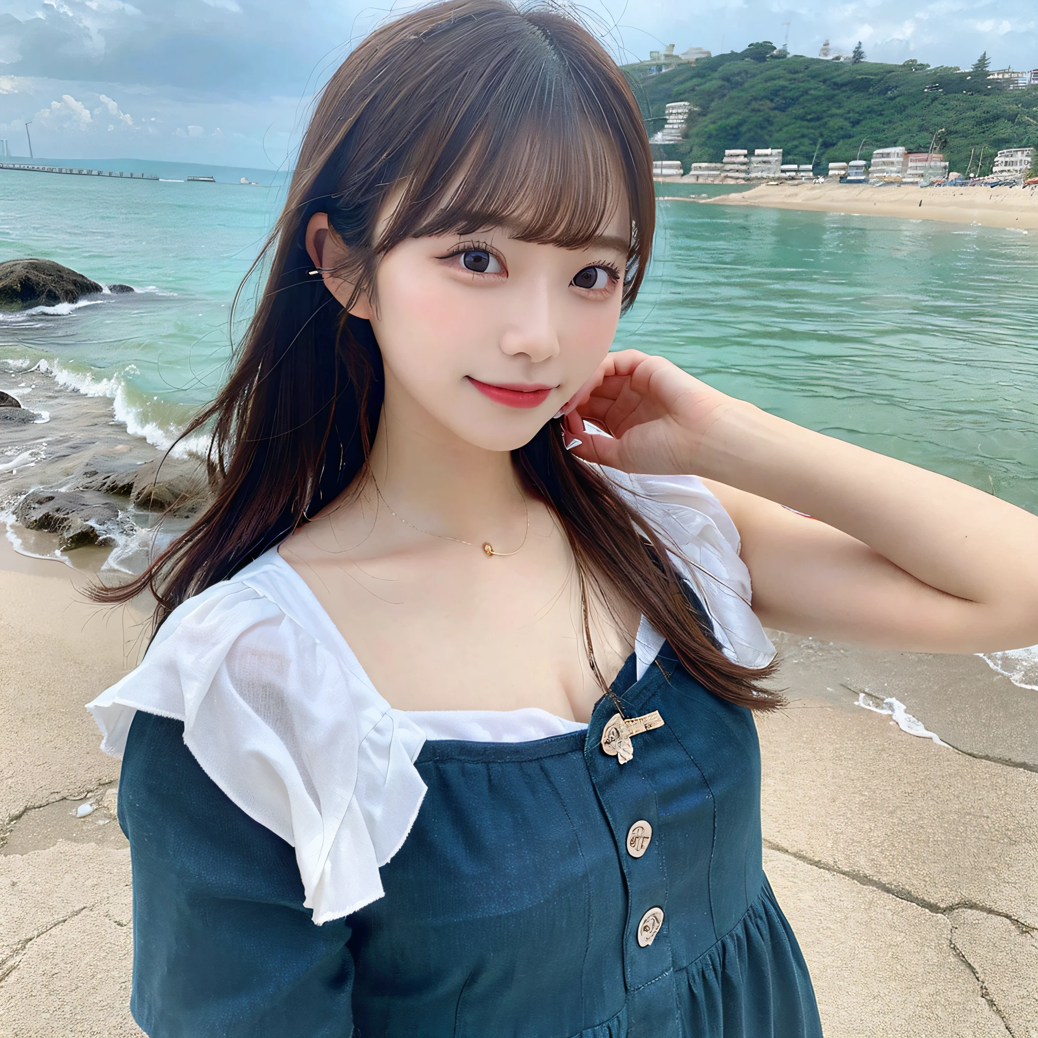 highest quality, shape, Very detailed, finely, High resolution, 8k wallpaper, Perfect dynamic shape, Beautiful and detailed, Summer clothes,Medium Hair,Natural color lip,smile,20-year-old girl、Midnight、Beautiful and elaborate face、Perfect and beautiful face、Slim face and figure,spread your arms wide,Big eyes,Take a photo with your face raised from below your knees、Small face、Beautifully detailed face、Perfect and beautiful double eyelids、Big cleavage、Long, slender legs、One Woman、gravure、Watching the audience、stroll、bedroom、full body、sea、Looking into the distance、Hawaii、bikini