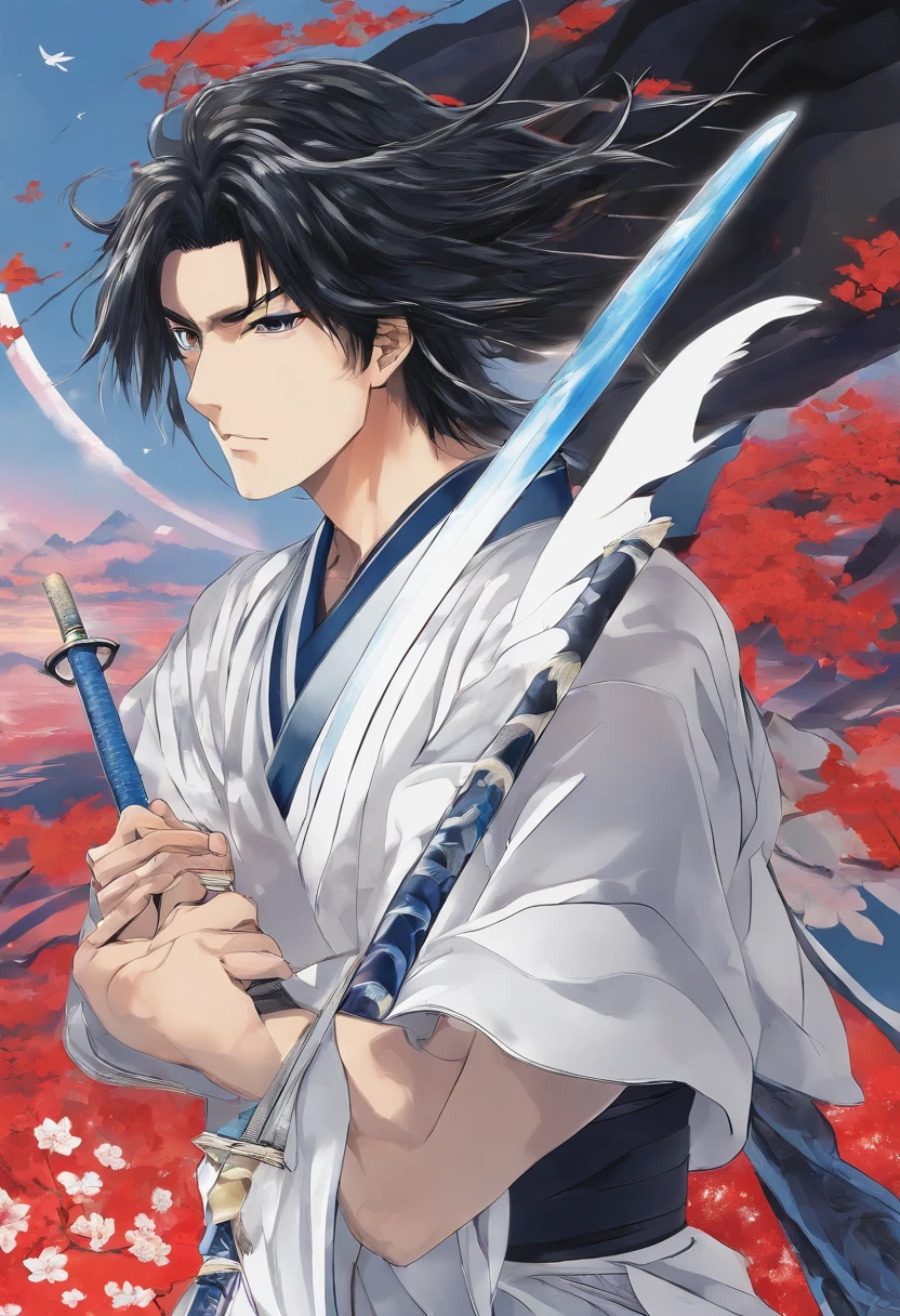 Anime Picture Gekkadan, Kusanagi, Black Hair, White Mesh, Sword Bearer, Man Long Ponytail, Samurai, Wind, Blue Yokata, Handsome Hair Is One Part, White Dress, Holding a Sword, Black Eye Patch Over His Left Eye