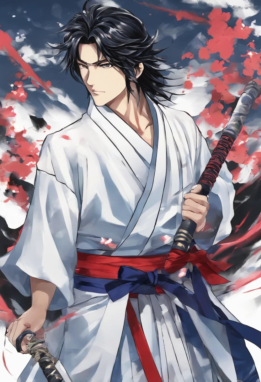 Anime Picture Gekkadan, Kusanagi, Black Hair, White Mesh, Sword Bearer, Man Long Ponytail, Samurai, Wind, Blue Yokata, Handsome Hair Is One Part, White Dress, Holding a Sword, Black Eye Patch Over His Left Eye