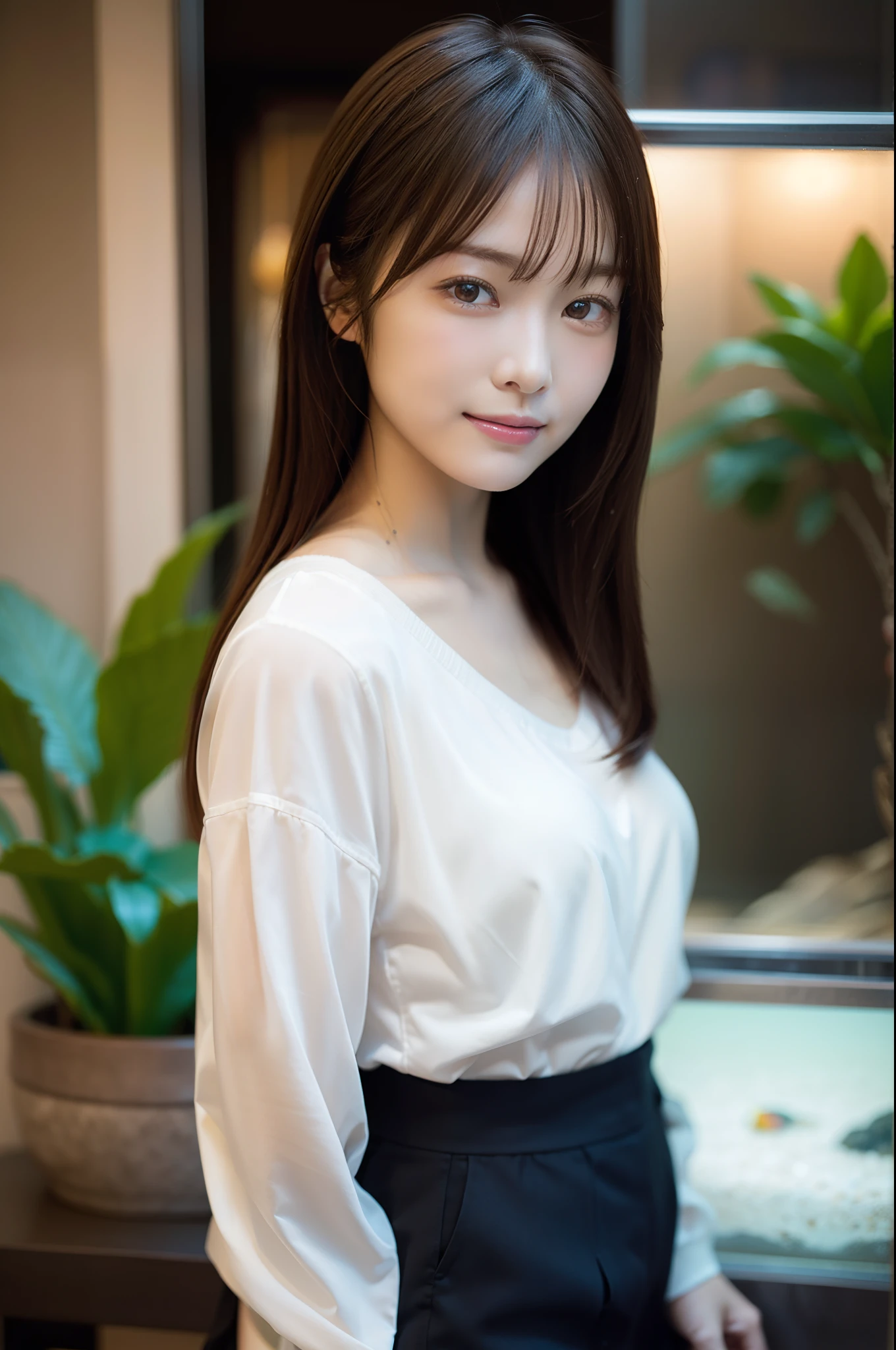 in 8K,Best Quality:1.4, 超A high resolution:1.5, (Photorealistic:1.4),​masterpiece:1.2,(top-quality:1.4)、 Raw photo、(the background is blurred), aquariums、FULL BODYSHOT:1.5、 1日本人の女の子, Cute, (Solo), (Shy smile), Smooth skin、(30-years old:1.4)、to stand、Check miniskirt、Cute mini skirt、 (Brown medium hair,Bangs), (touch hair:1.4)、nogizaka、cute little、Supple fingertips,Beautiful black eyes、natural skin textures:1.3, realistic eyes and face details:1.7、middlebreasts、gazing at viewer、beauty legs、autumnal、long-sleeve、fish tank
