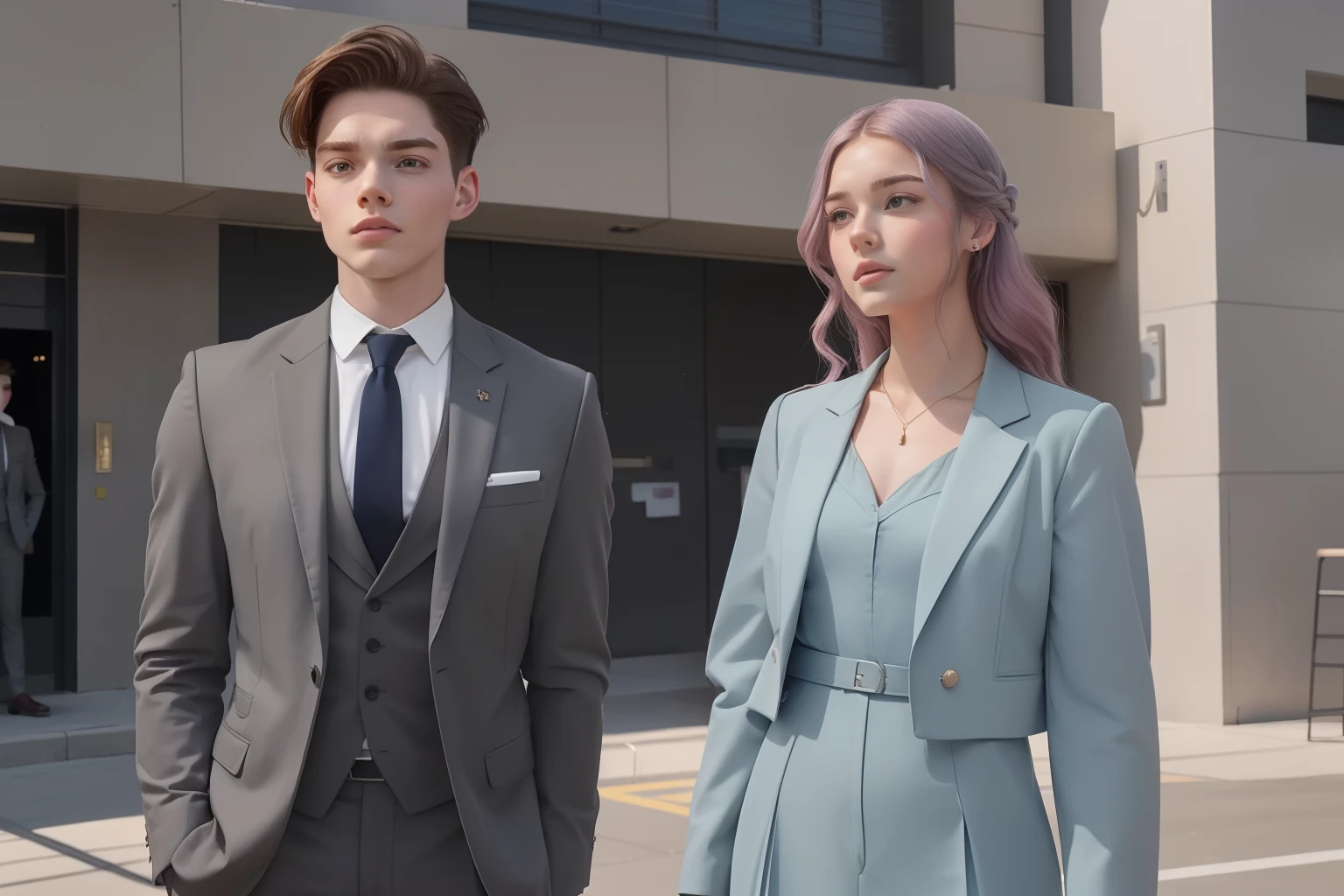 year: 2023. Location: Phoenix. Pre-Raphaelite scene with a 21-year-old Dominic Sherwood in an grey suit, standing in front of a police station, with a cheerful Emma Myers, ((((Clothing from the 2020s)))) ((Hairstyle of the 2020s)), pastel colors, (((cinematic style)))