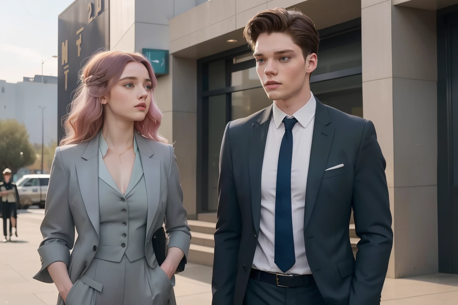 year: 2023. Location: Phoenix. Pre-Raphaelite scene with a 21-year-old Dominic Sherwood in an grey suit, standing in front of a police station, with a cheerful Emma Myers, ((((Clothing from the 2020s)))) ((Hairstyle of the 2020s)), pastel colors, (((cinematic style)))