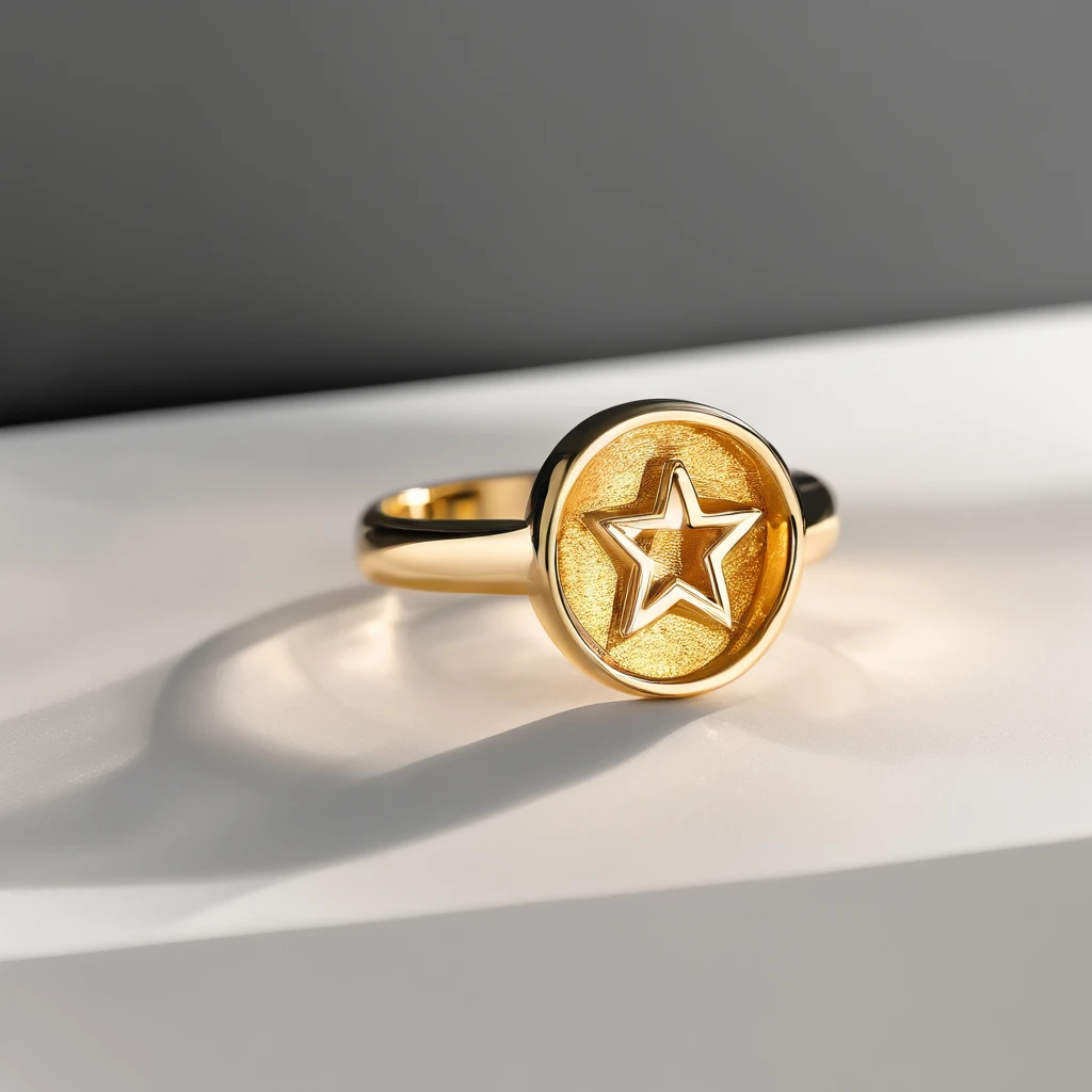 Yellow gold ring，Pentagram pattern，It shines with a noble golden light，The golden-red tone is filled with dark-style graphics，simple backgound， with black background，Simple details