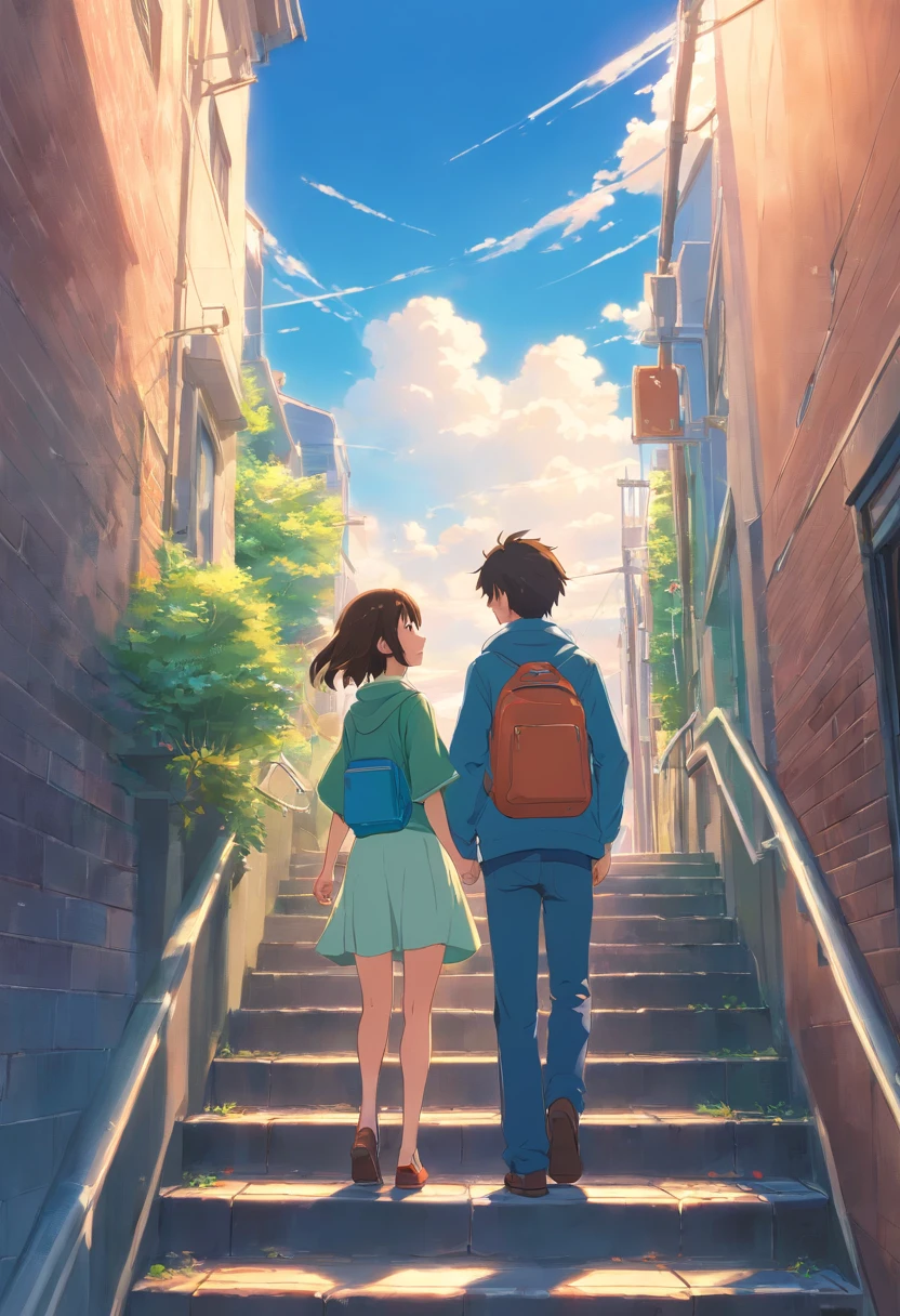 Couples who haven't seen each other in years meet on the street，The style is similar to Makoto Shinkai's《Your name》Memories flood into your head，His face was filled with emotions he hadn't seen in years。。。。。。。。，Take the letter literally，Exquisite facial features，delicated face，with blue sky and white clouds，meet，The two looked at each other from a long distance on the long staircase