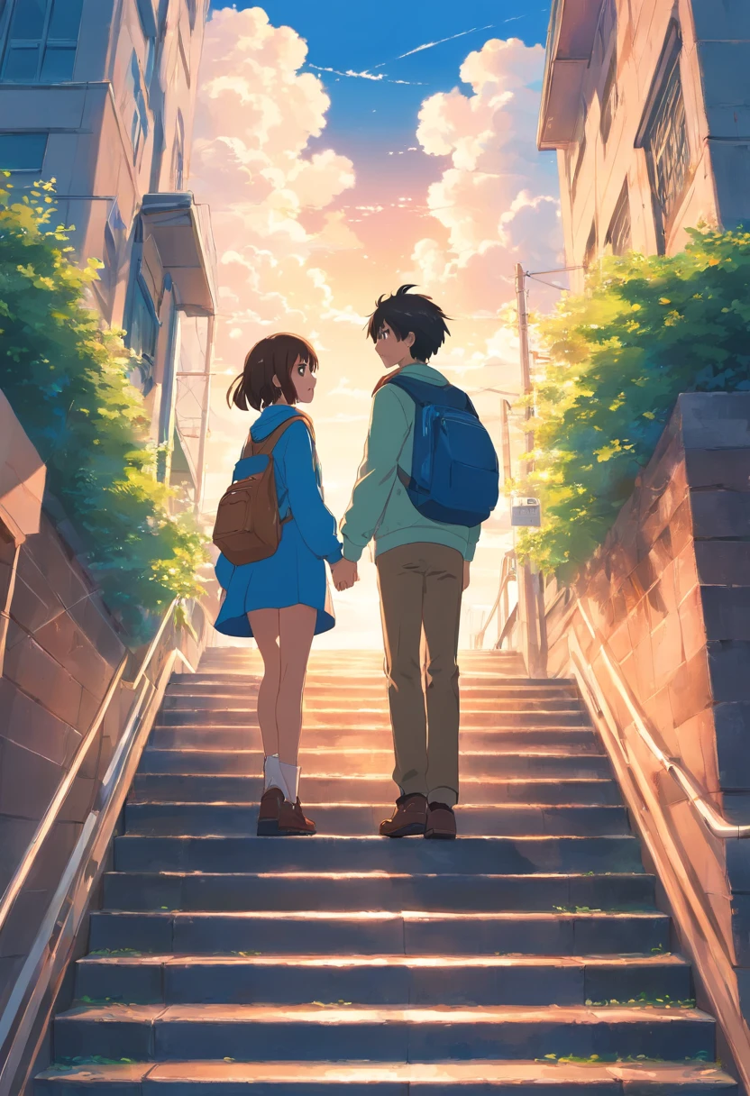 Couples who haven't seen each other in years meet on the street,The style is similar to Makoto Shinkai's《Your name》Memories flood into your head,His face was filled with emotions he hadn't seen in years。。。。。。。。,Take the letter literally,Exquisite facial features,delicated face,with blue sky and white clouds,meet,The two looked at each other from a long distance on the long staircase