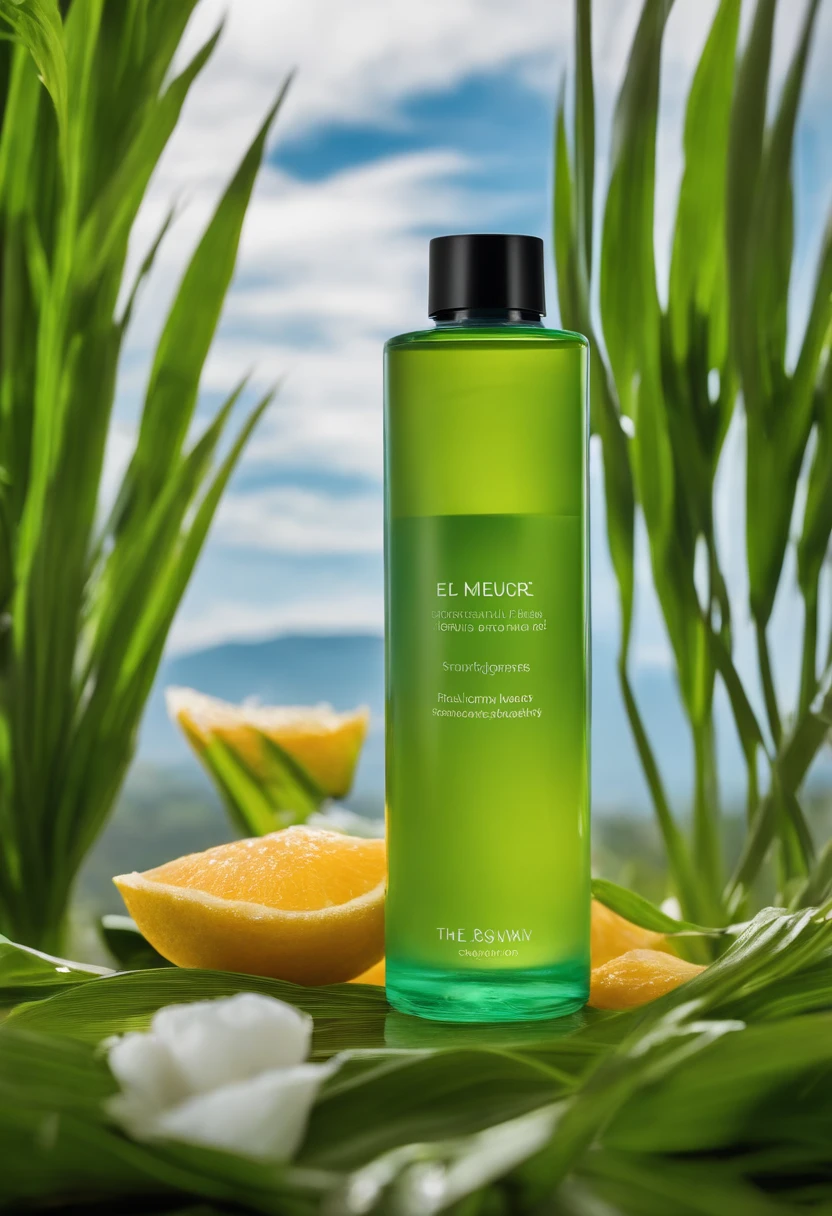 E-commerce scenarios,The shower gel is placed on the counter,Scene graph,with blue sky and white clouds,grassy fields