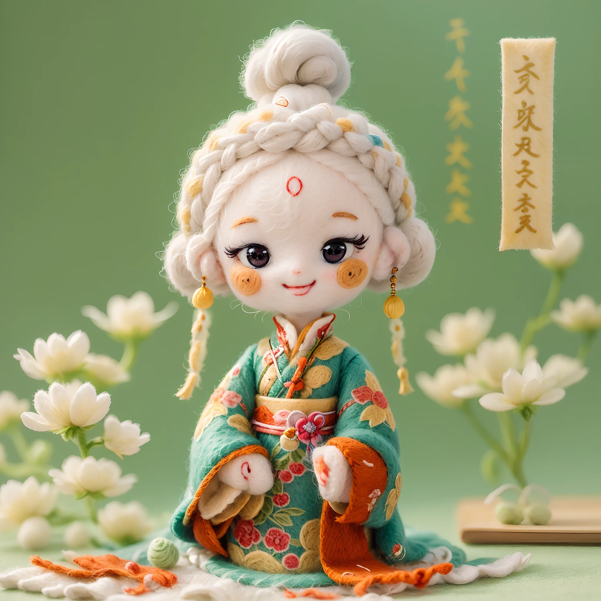 wool felt，felt，Plush ，adolable，Masterpiece, Best quality, Super detailed, illustration, 1 woman, 21 years old, Beautiful eyes, Close up, Smile, TRADITIONAL CHINESE COSTUMES,A wool felt doll。Bedrooms。