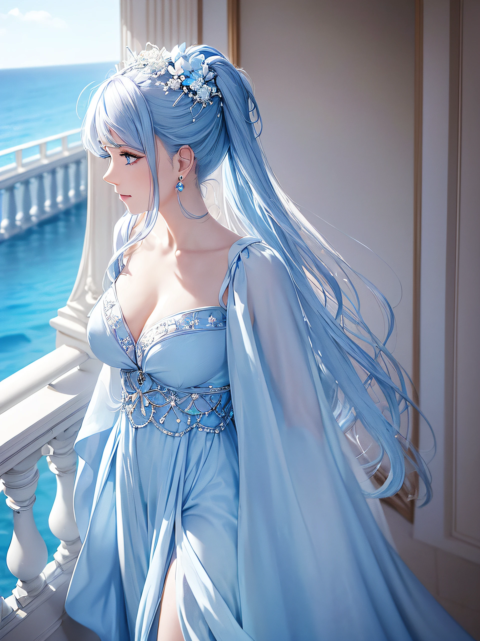 (((a side view portrait of an attractive beautiful goddess standing at the balcony overseeing the blue sea))), ((dressed in a long linen blue dress with decorations of white flower pins to her hair.)) she has blue crystal eyes and long light blue hair sliding straight down her back)), (capture the ethereal details of the balcony and view of the sea), (green rope plants on the balcony, wearing diamond crystal earrings, and the blue sky), best lighting effects, high quality, best quality, sharp focus, hyperdetailed, 8K, vibrant colors