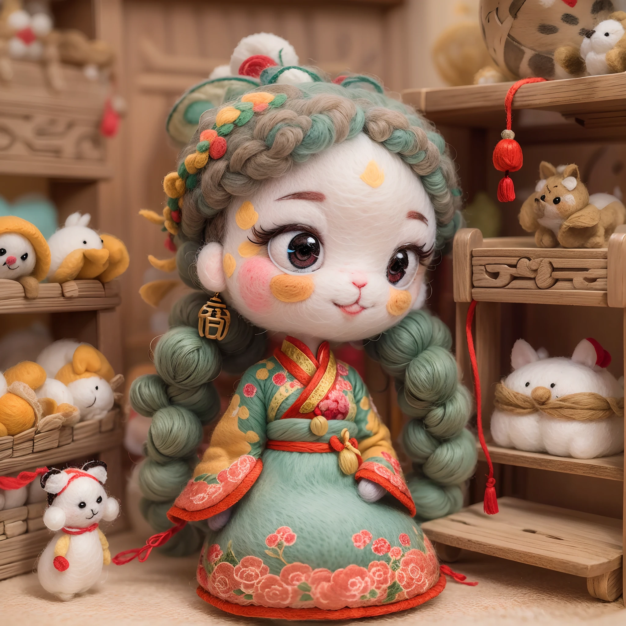 wool felt，felt，Plush ，adolable，Masterpiece, Best quality, Super detailed, illustration, 1 woman, 21 years old, Beautiful eyes, Close up, Smile, TRADITIONAL CHINESE COSTUMES,A wool felt doll。Bedrooms。