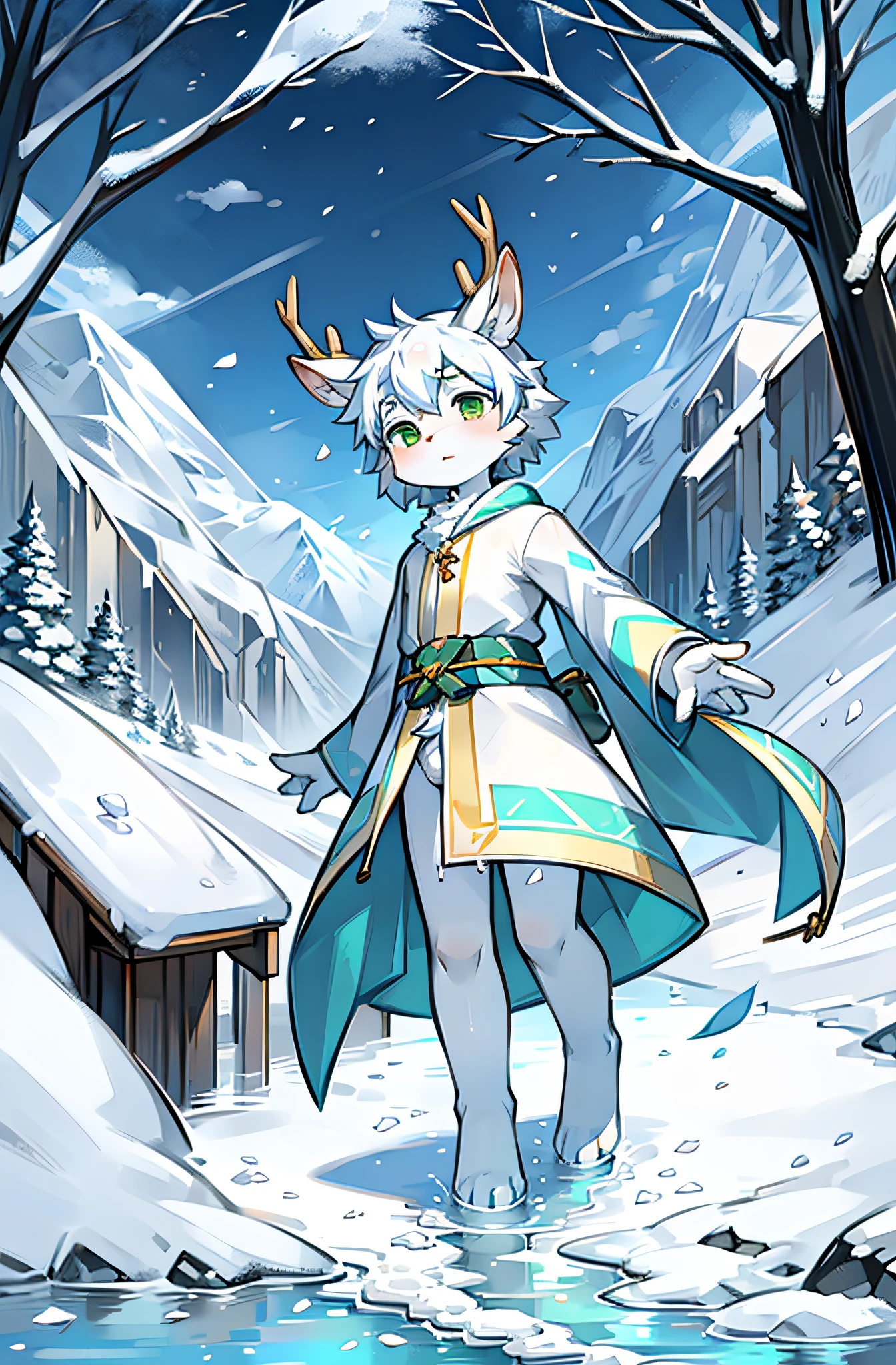 A white deer,deer antlers,rios,mountain ranges,long white robe,Green eyes,blue-sky,White petals,Melting of ice and snow,Melting of ice and snow,Shota,adolable,White pear blossom tree,Shota,adolable,Green clothing,White ears,Fluffy ears,Petals fall all over the ground,The petals float in the air,flowing river