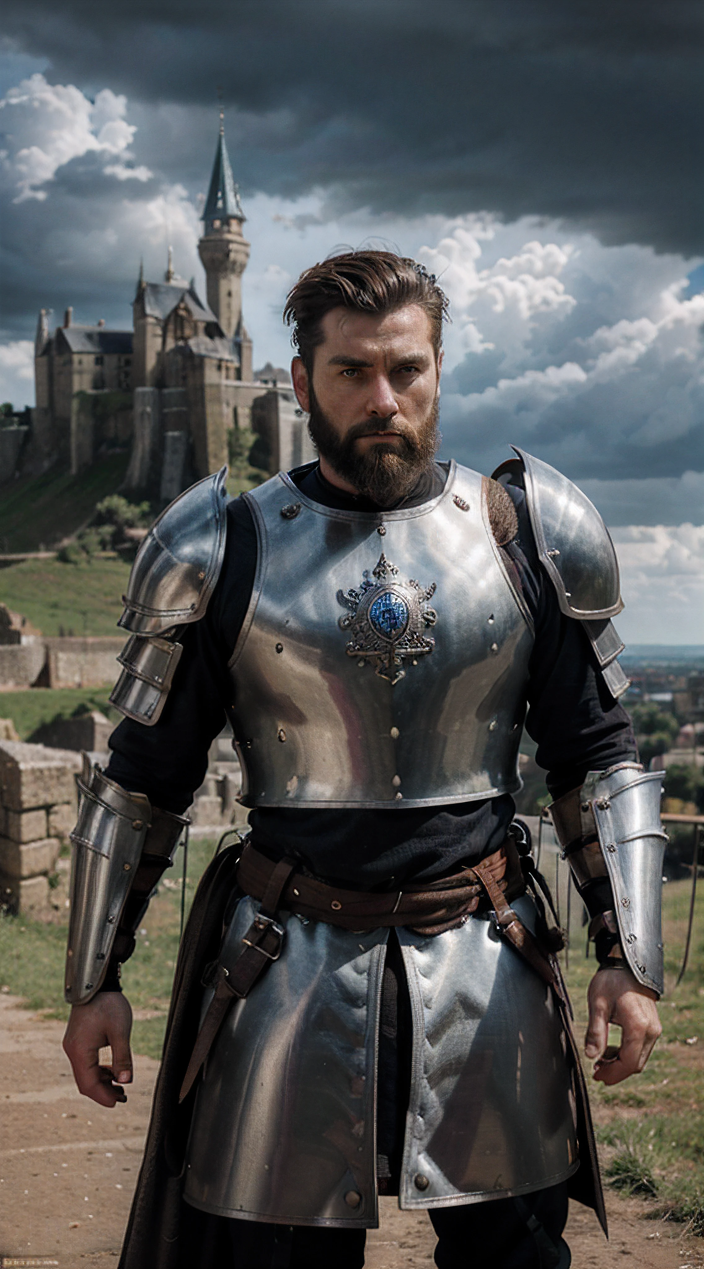30 years old male in medieval battle armor, extremely masculine, beard, short brown hair (quiff), extremely detailed, extremely detailed eyes and face, cinematic, dramatic light, high quality, Storm clouds, medieval castle on the hill in the background, full body photo, Nikon, ultrarealistic 8K