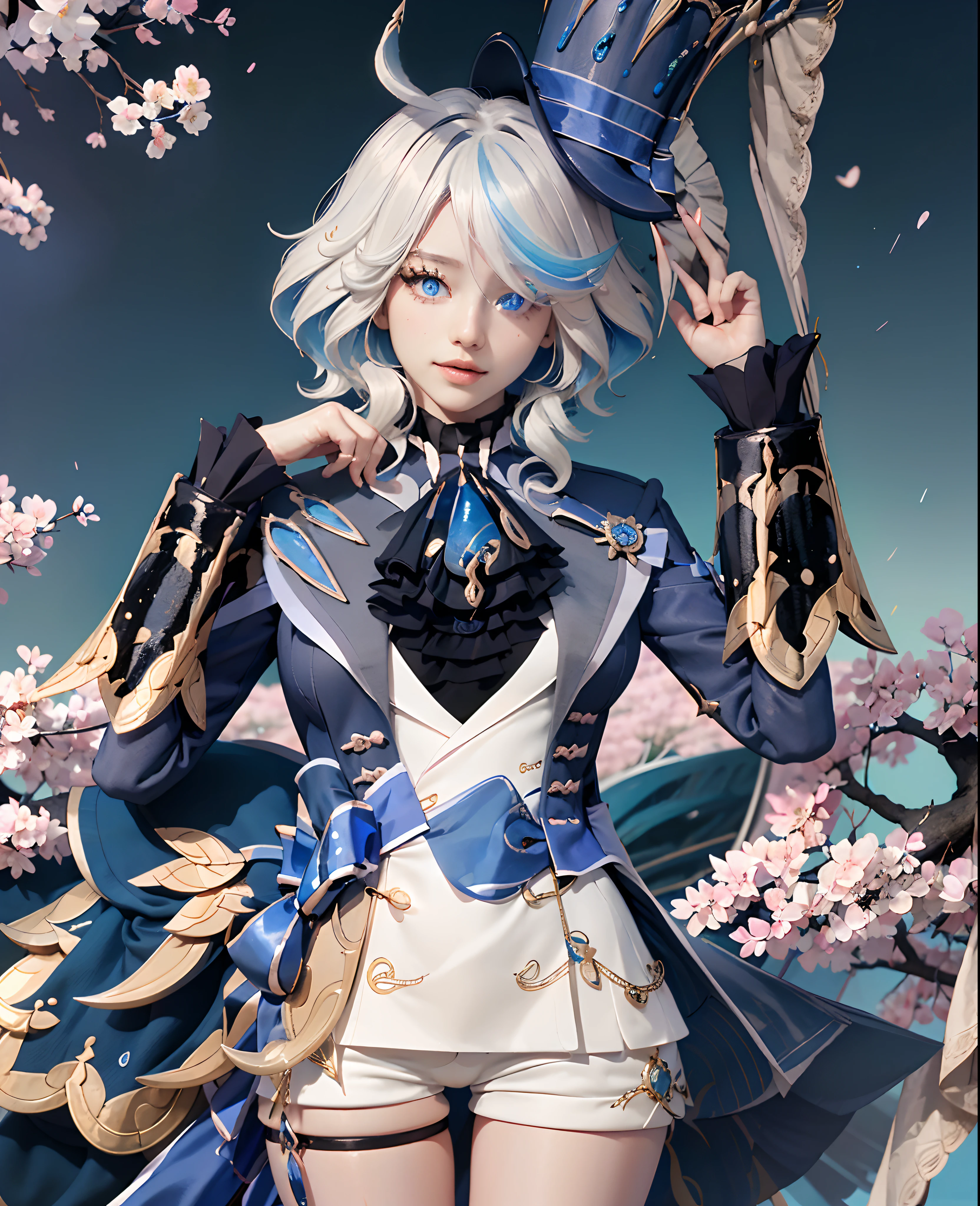 masutepiece, Best Quality, Ultra-detailed, glistening shiny, Glowing light, Ray tracing, nffsw, deph of field,Raw photo、realisitic、8K、 (Perfect face, Detailed face, Detailed eyes,Perfect hands),(medium boobs:1.2),8K,hard disk,An ultra - realstic face,Ray tracing,Perfect Lighting,Best Quality, Ultra-detailed, shiny eyes, (Looking at Viewer,Smile with open mouth:1.1), ((1girl in)), (maturefemale:1.4),Cowboy Shot,thighs thighs thighs thighs,POV,
Furina,Long hair,((Gradient Hair)),multicolored eyes, Gradient Eyes, (Glowing eyes:1.5), mascara, (fashion make up), Parted lips,blush,Shirt, gloves, Long sleeves, hat,Jewelry,Jacket, White shirt, flower,Shorts, Black Gloves,ascot, Thigh strap, Blue jacket, brooches, Pedras preciosas, blue headwear, blue flower, White shorts, hat flower, Blue Rose, Inclined hat, blue gemstone, Blue Ascot
((In the middle of the Japan countryside,Japan Bridge,Across the bridge,River,cherry trees,Cherry blossom petals,Dark blue sky,Sichuan carp)),(Complex background, Many elements of the background:1.2),((hyper detailed background)), Mistress pose, ((8K Wallpaper)),