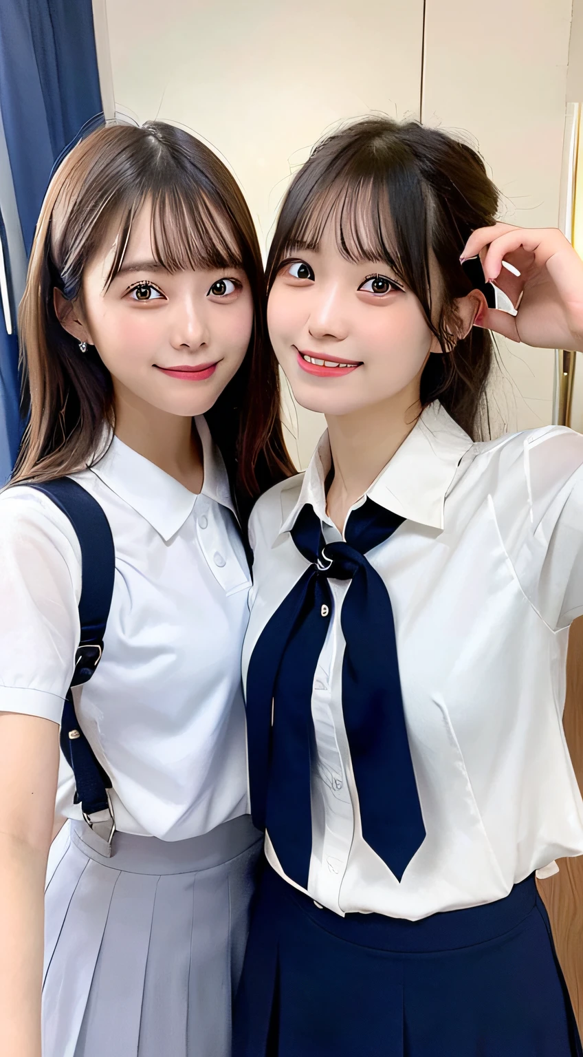 4K, LDR, best quality, masterpiece, high detail, super high resolution, digital photography, bangs, film lighting, (Fujifilm color:1.2) portrait, wide angle view, professional, (photography: 1.2), (dynamic pose: 1.1), (close up), 1 girl, solo, slightly smiling, delicate face, medium breasts, wide hips, classic wavy long hair, (FSB:1.5), (Frosuke: 1.5), white shirt, (BREAK black bra),bow, navy blue pleated skirt, school uniform, school bag, short sleeves, bangs, outdoor, sky, collared shirt, collarbone, blurred background, look to the side, sky, dress shirt, blue sky, clouds