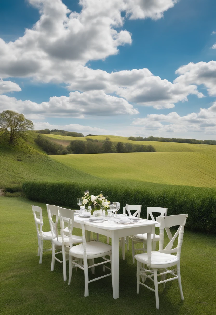 E-commerce scenarios,White table,Scene graph,with blue sky and white clouds,grassy fields