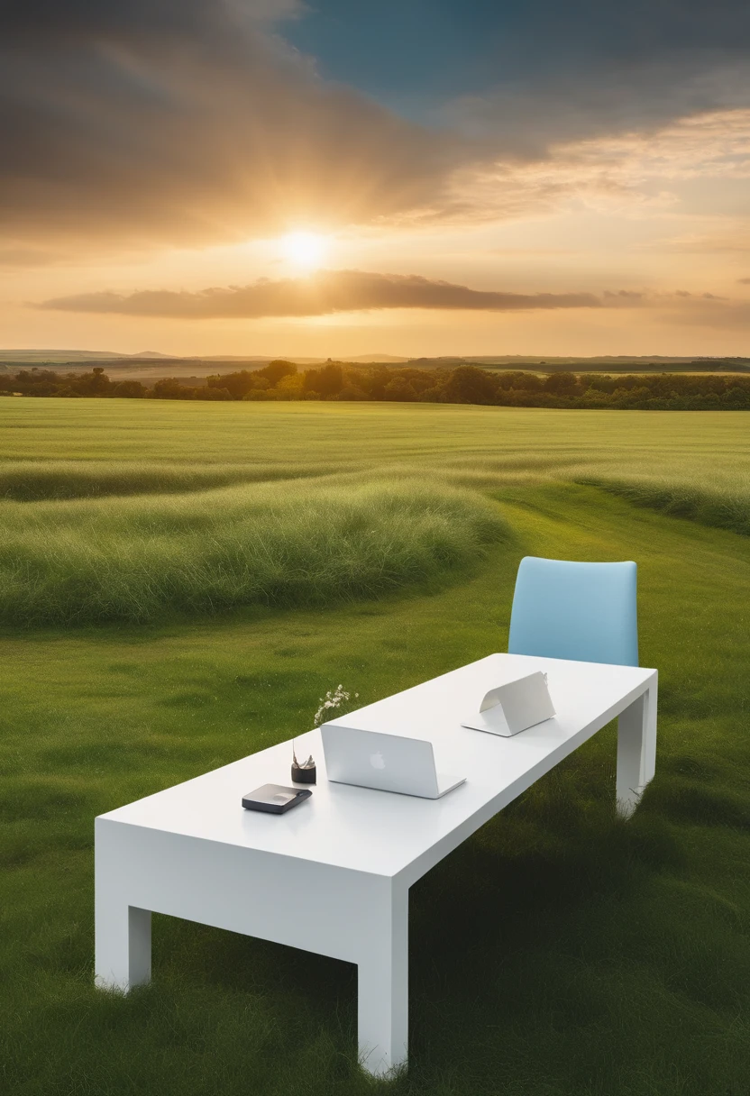E-commerce scenarios,White table,Scene graph,with blue sky and white clouds,grassy fields