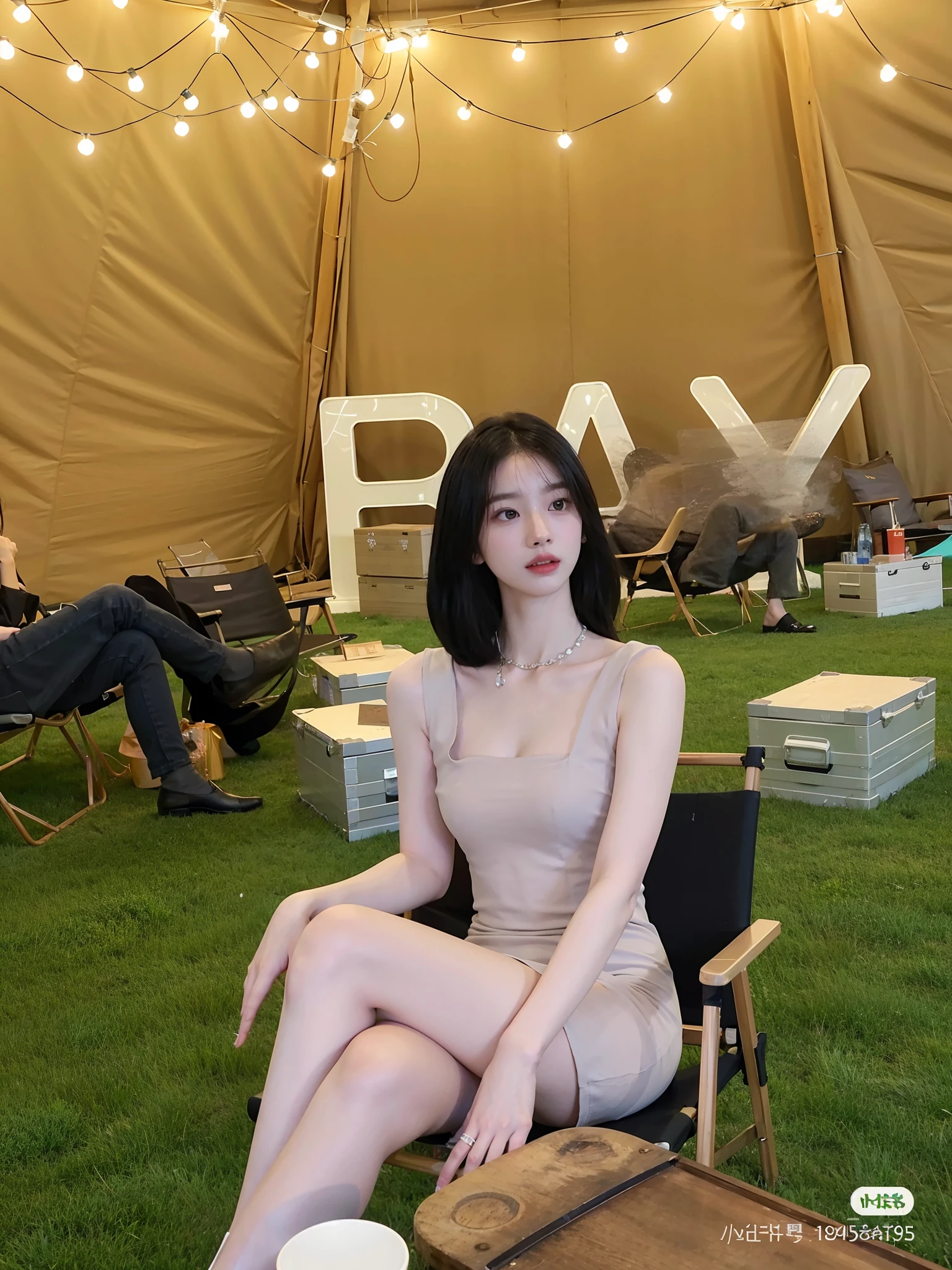 There was a woman sitting on a chair in a tent, jaeyeon nam, bae suzy, ulzzangs, shaxi, Shin Jinying, jia, Choi Hyun-hwa, pale milky white porcelain skin, is wearing dress, on a mannequin. High quality, smooth in _ Background with, park jimin, muted colored bodysuit, from 8 k matte