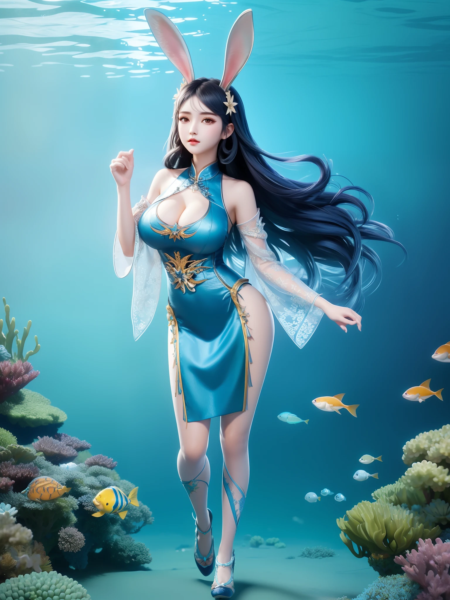 Menina coreana de 25 anos，1个Giant Breast Girl，menina no topo， Mergulho， s o rosto perfeito， Olhos eBlue， renda，  mergulhar，deep underwater，Shuixia，quebrar，tons de azul，(((cercado de peixes))) full body, black hair,rabbit ears