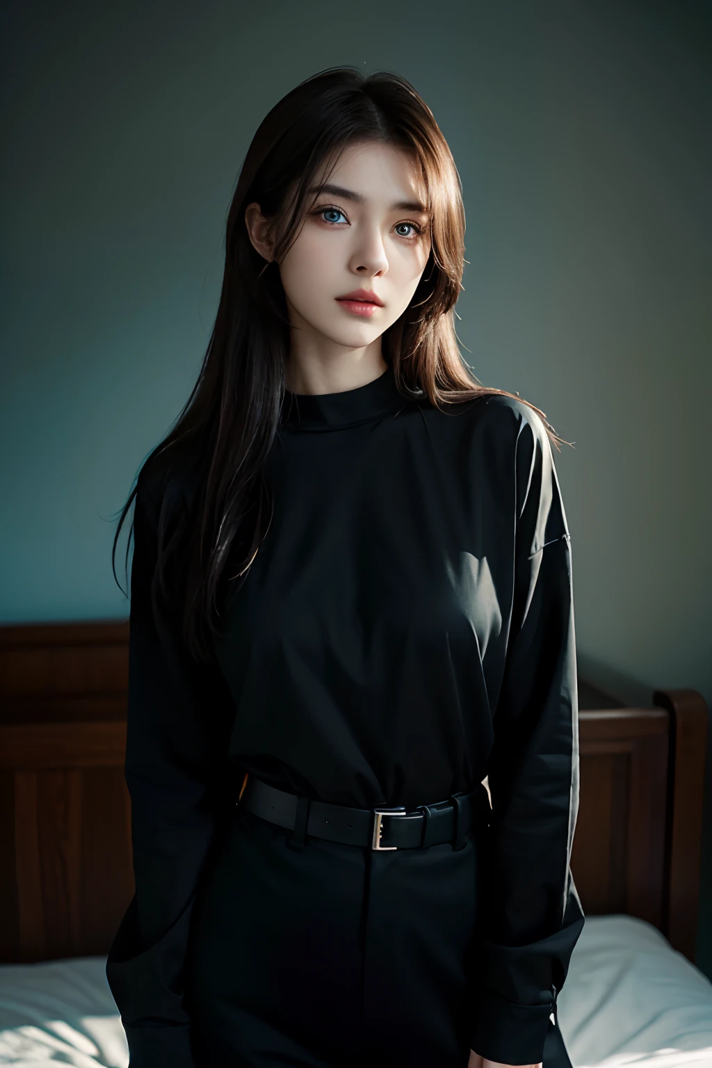 Korean with long red hair, wearing a black skirt and blouse