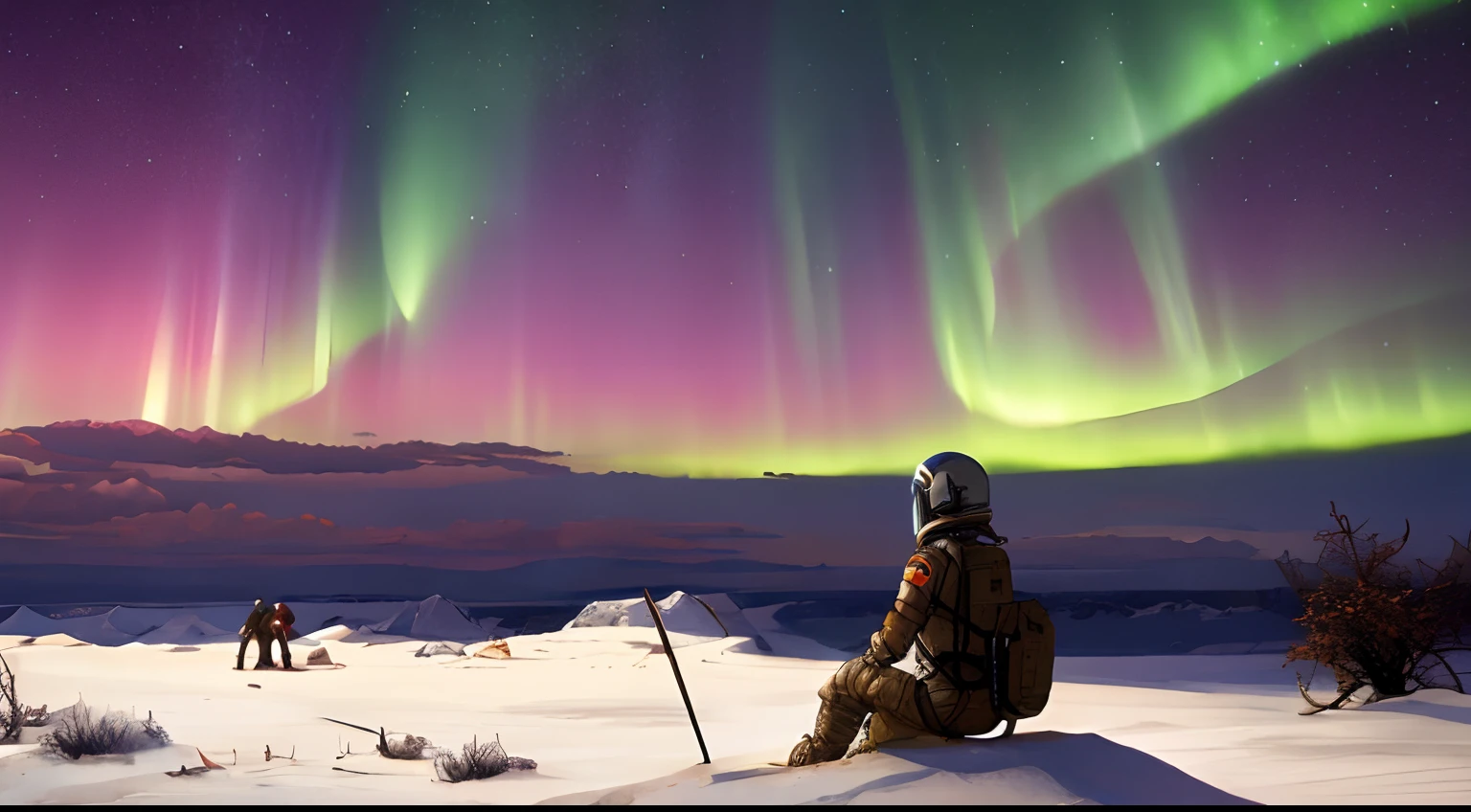 Create a scene depicting a desolate post-apocalyptic world, with impressive ruins, mutant plants and a horizon lit by an alien aurora, that captures the essence of Michael Whelan's iconic fantasy landscapes, female astronaut sitting on snow field --auto