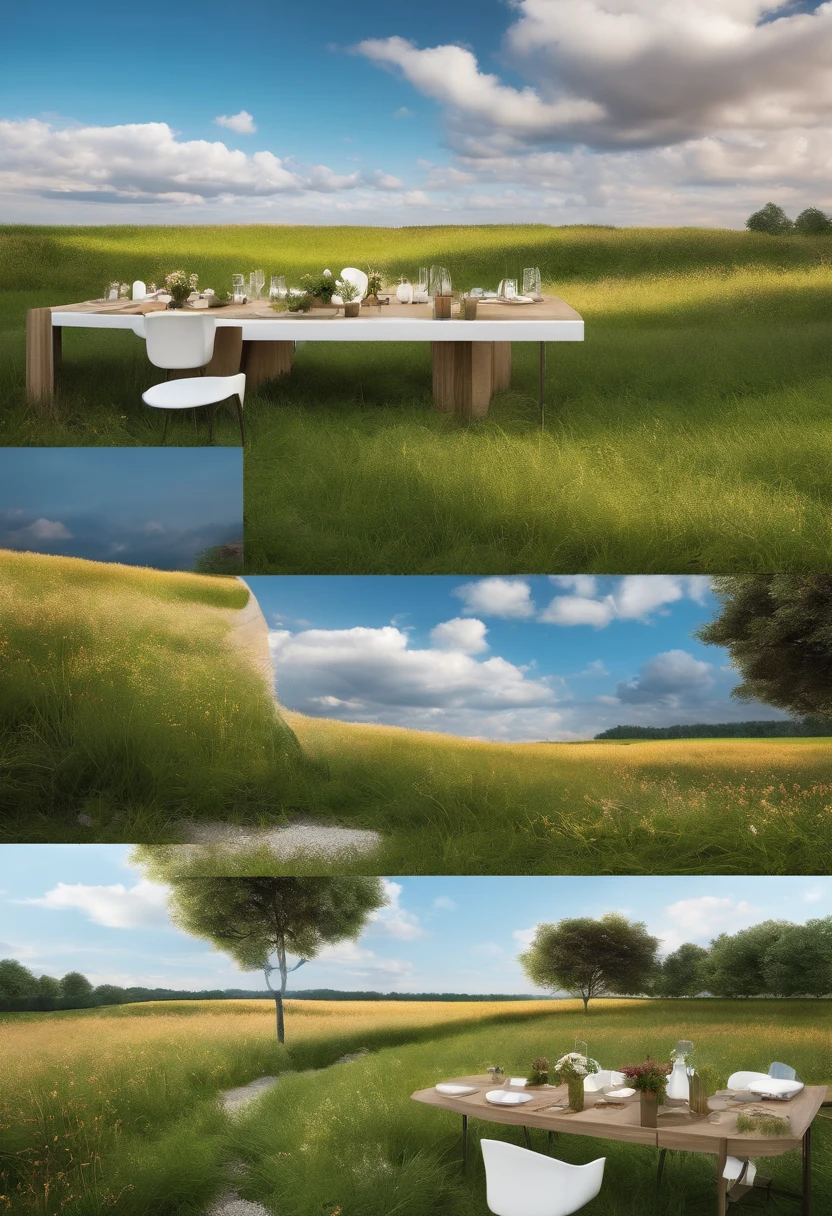 E-commerce scenarios，White table，Scene graph，with blue sky and white clouds，grassy fields，3D modeling rendering